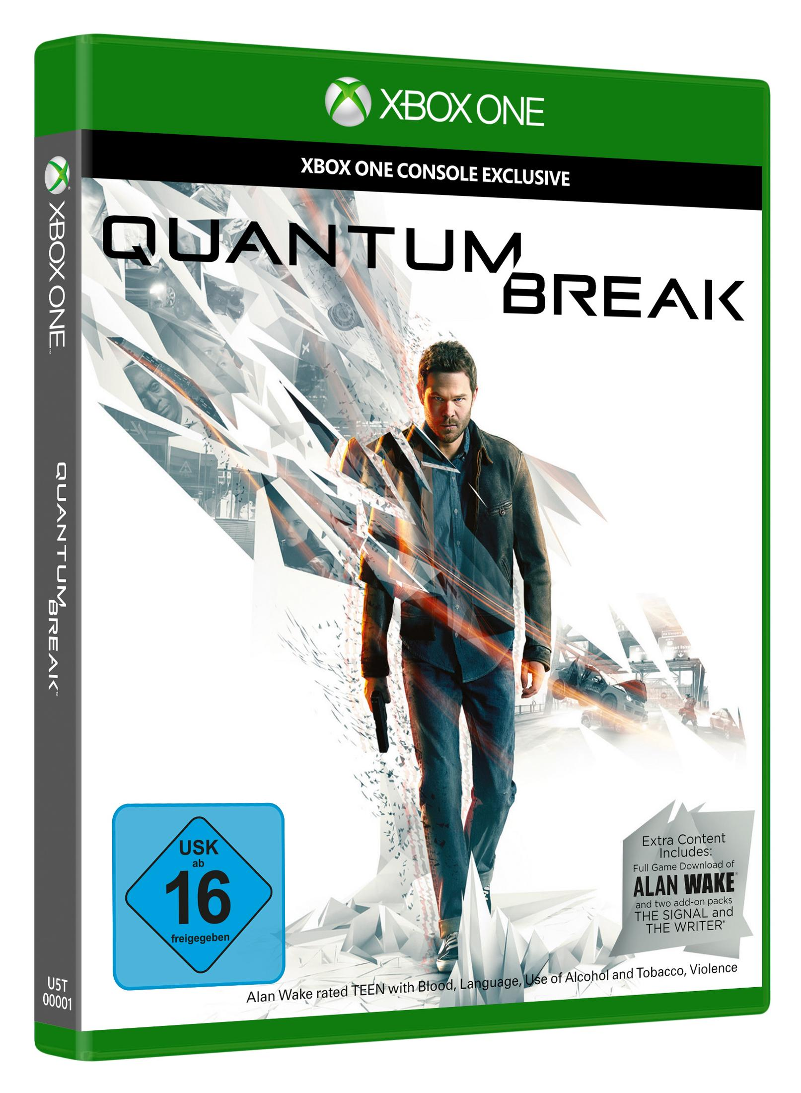 Spielbox für Quantum Break, mit einem Mann, der eine Waffe hält.