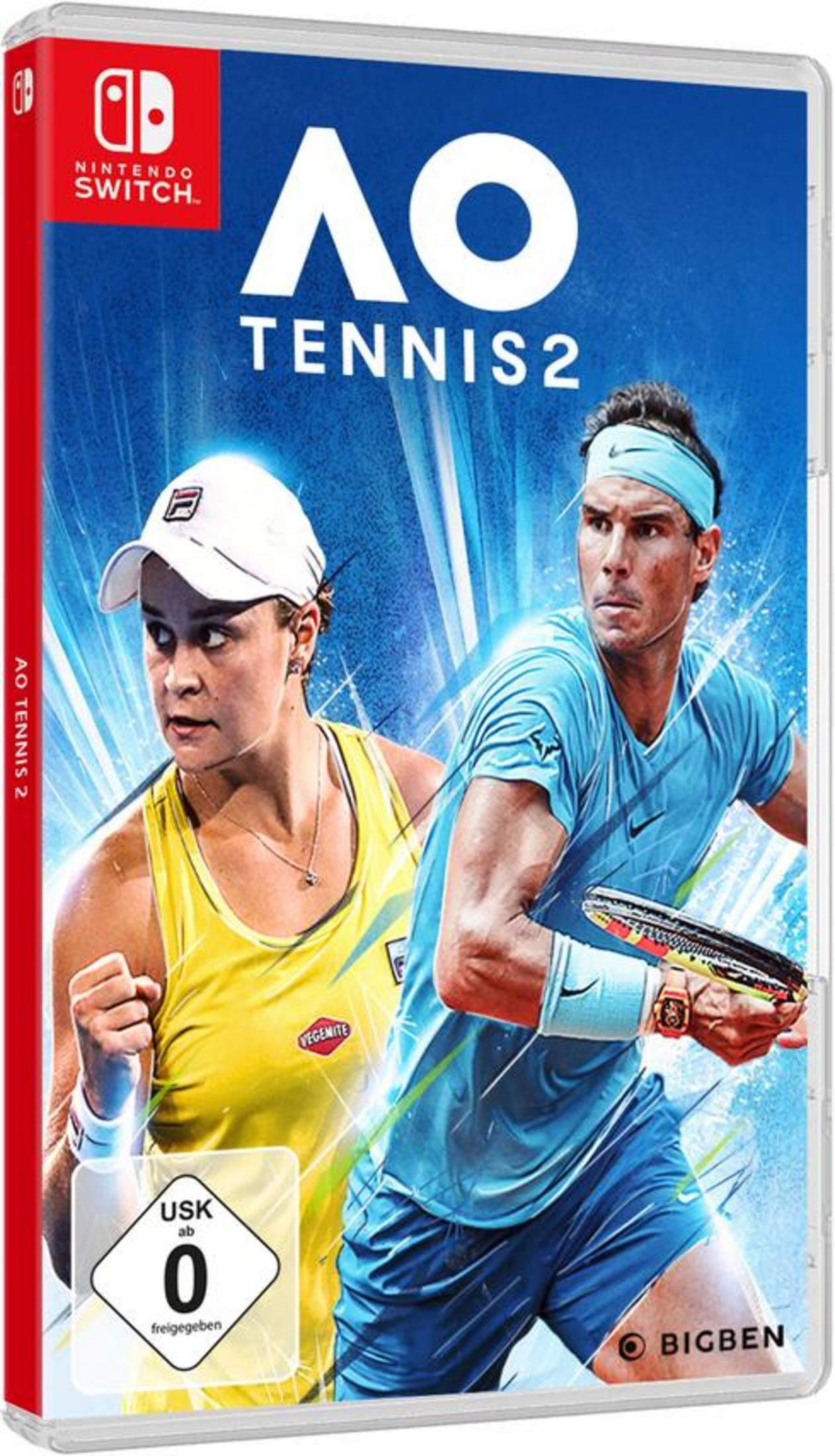 Videospielbox für AO Tennis 2. Enthält zwei Tennisspieler auf dem Cover.