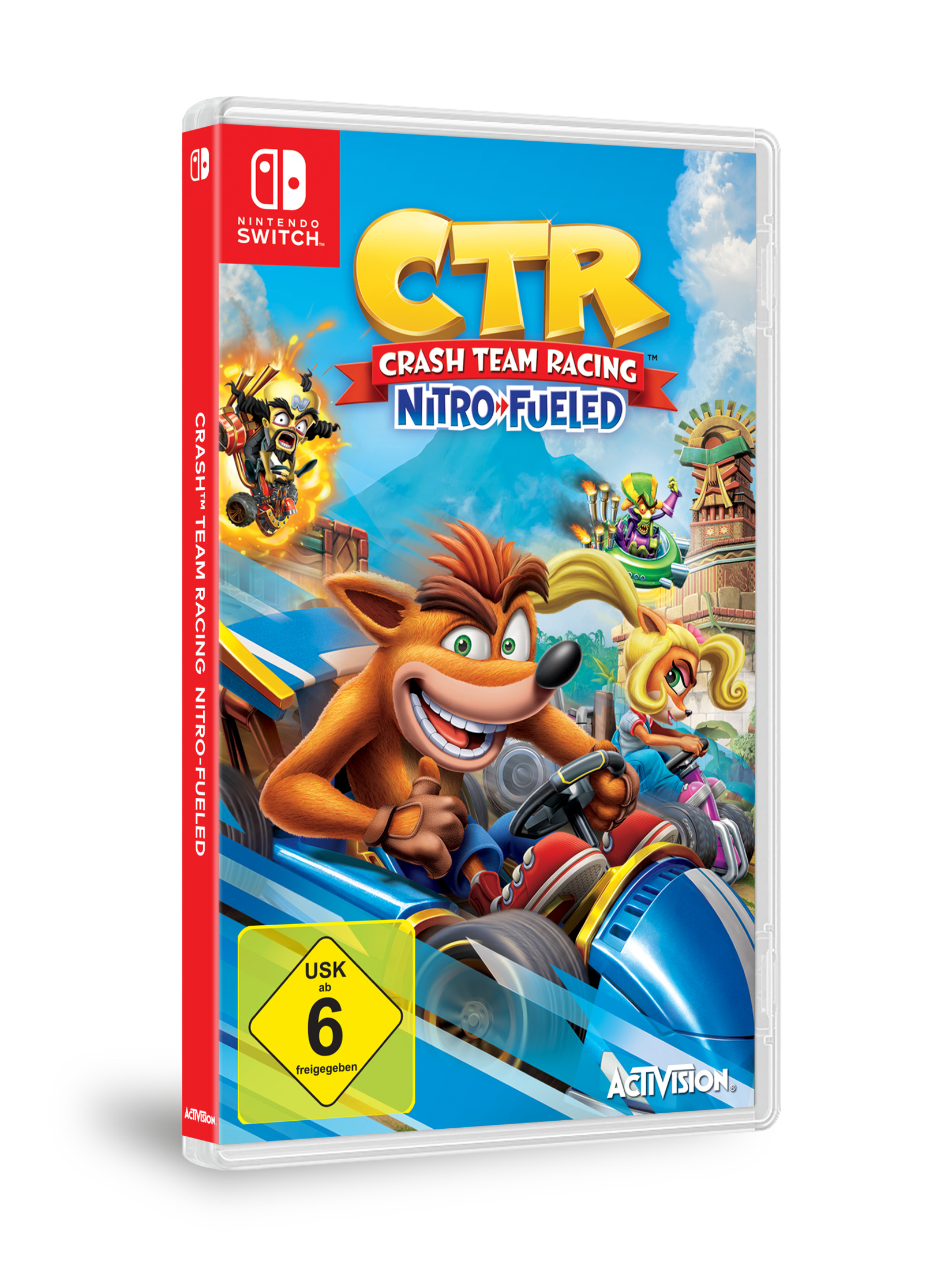 Nintendo Switch-Spielcover. Crash Bandicoot, Nitro Fueled und Crash Team Racing auf einer Strecke.