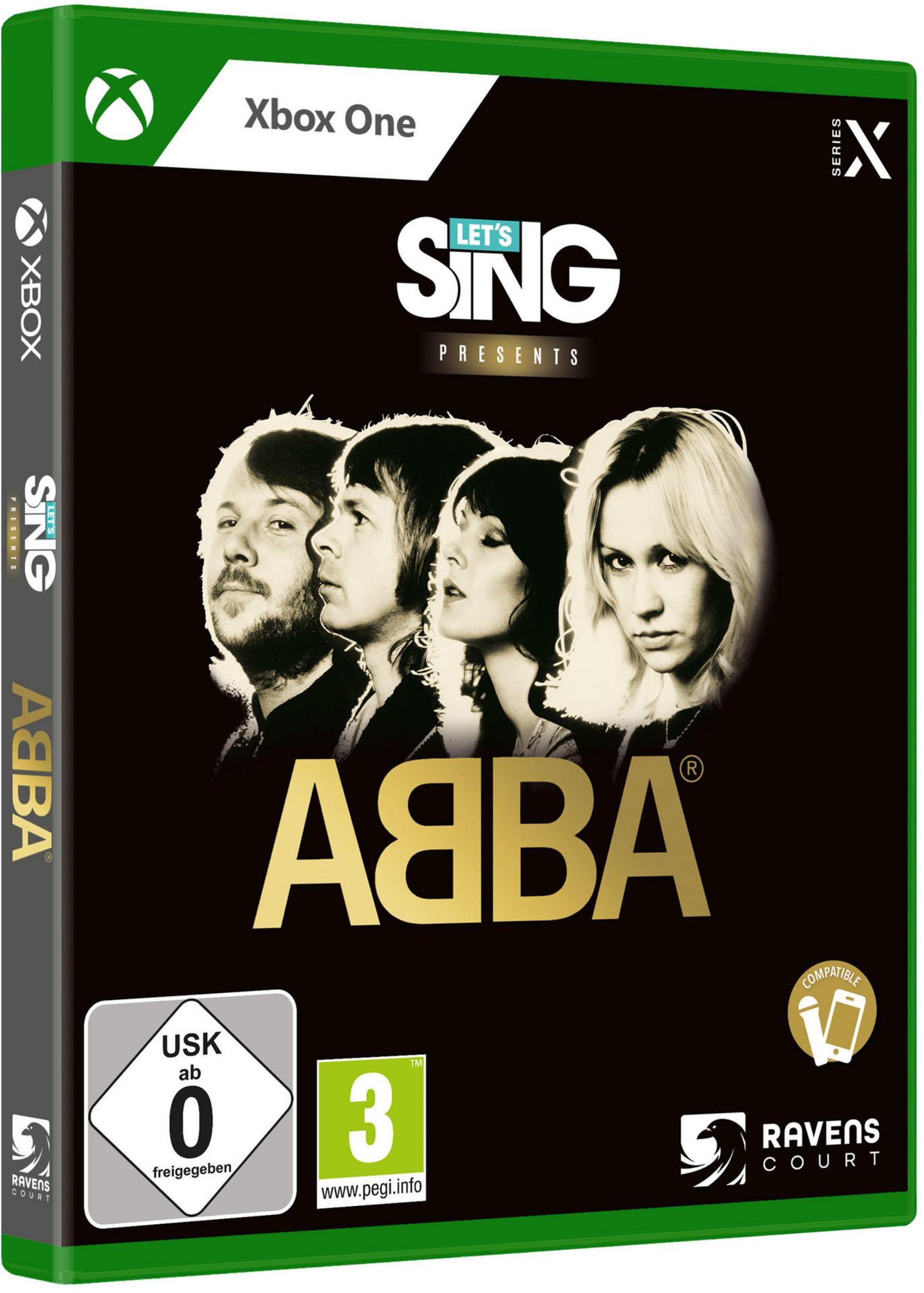 Spielbox von 'Let's Sing Presents ABBA' mit Bandmitgliedern auf schwarzem Hintergrund.