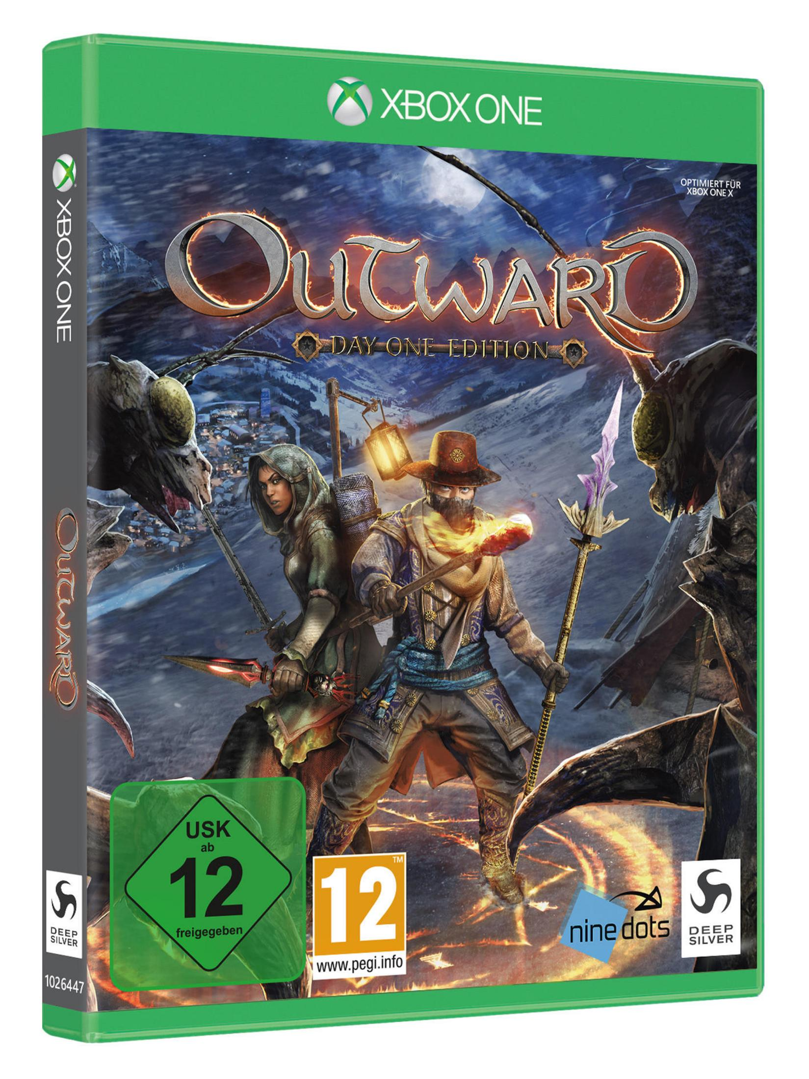 Pudełko gry Xbox One dla Outward - Day One Edition. Zawiera dwie postacie w scenerii fantasy. Zielone pudełko.