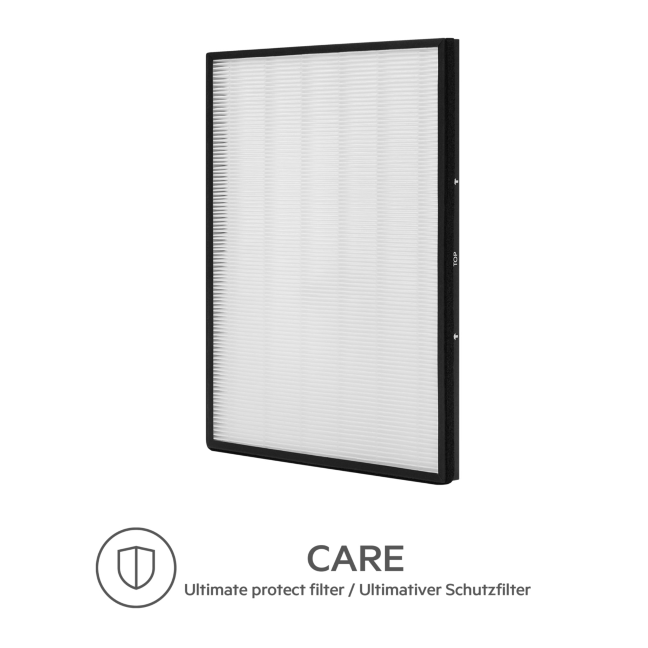 Luftfilter mit schwarzem Rahmen und weißem Filtermedium, Text lautet 'CARE'.