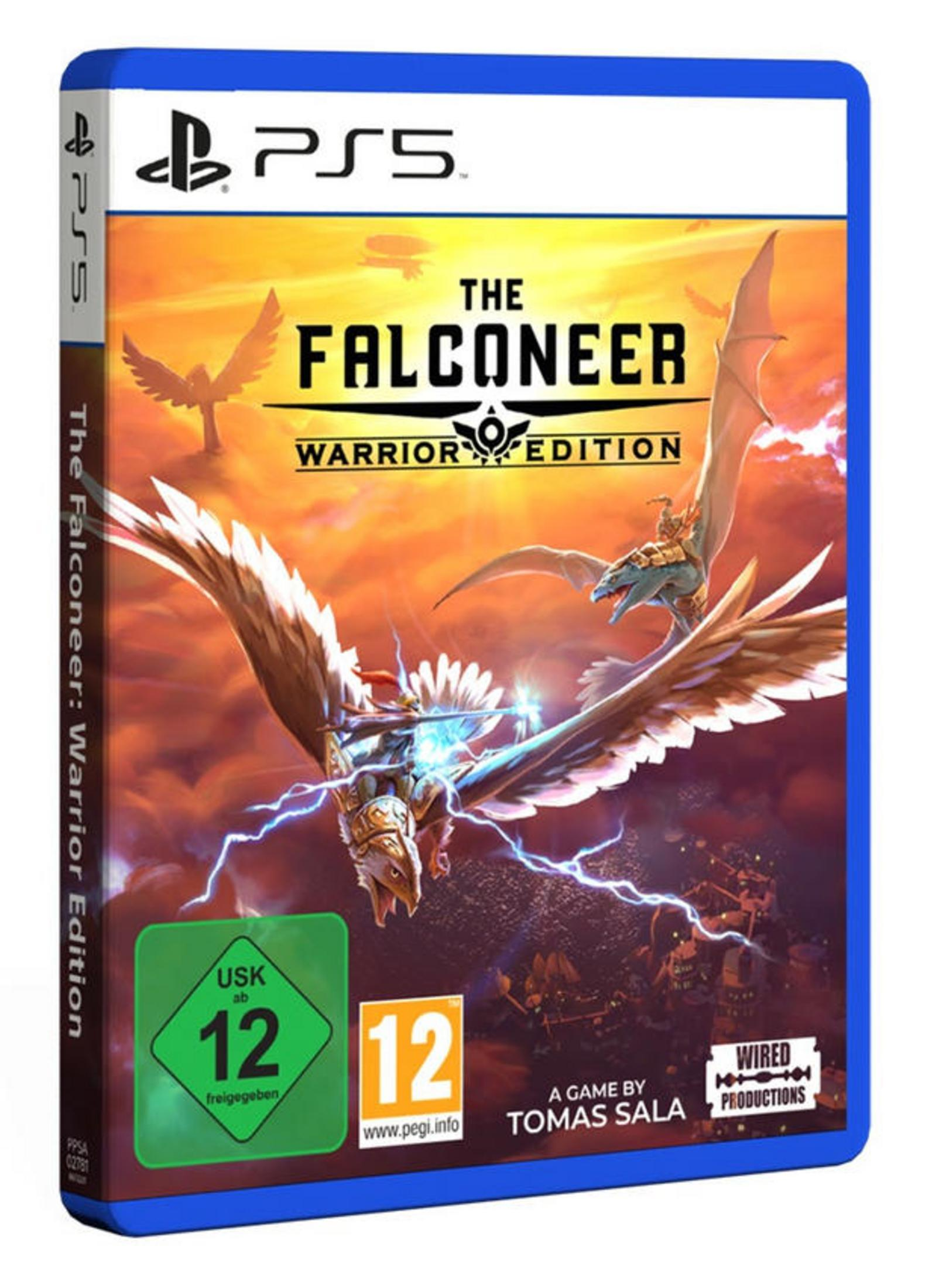 PS5-Spielbox für The Falconeer: Warrior Edition. Zeigt einen Vogel im Flug mit einem Krieger auf bewölktem Hintergrund.