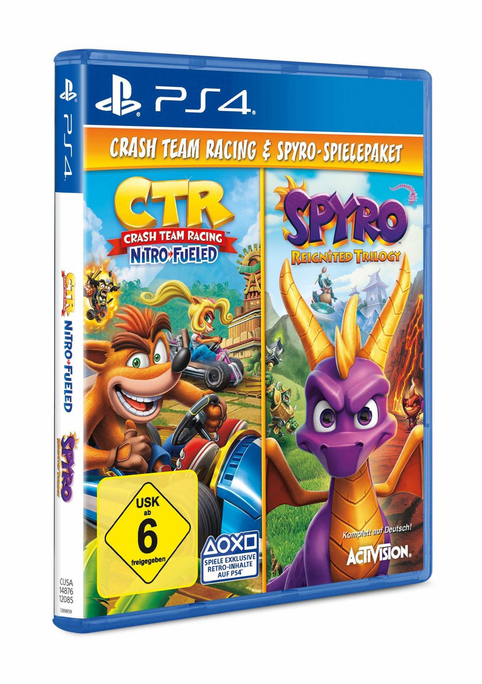 PS4-Spielbox: Crash Team Racing & Spyro. Charaktere auf dem Cover, blaue Box und weißer Hintergrund.