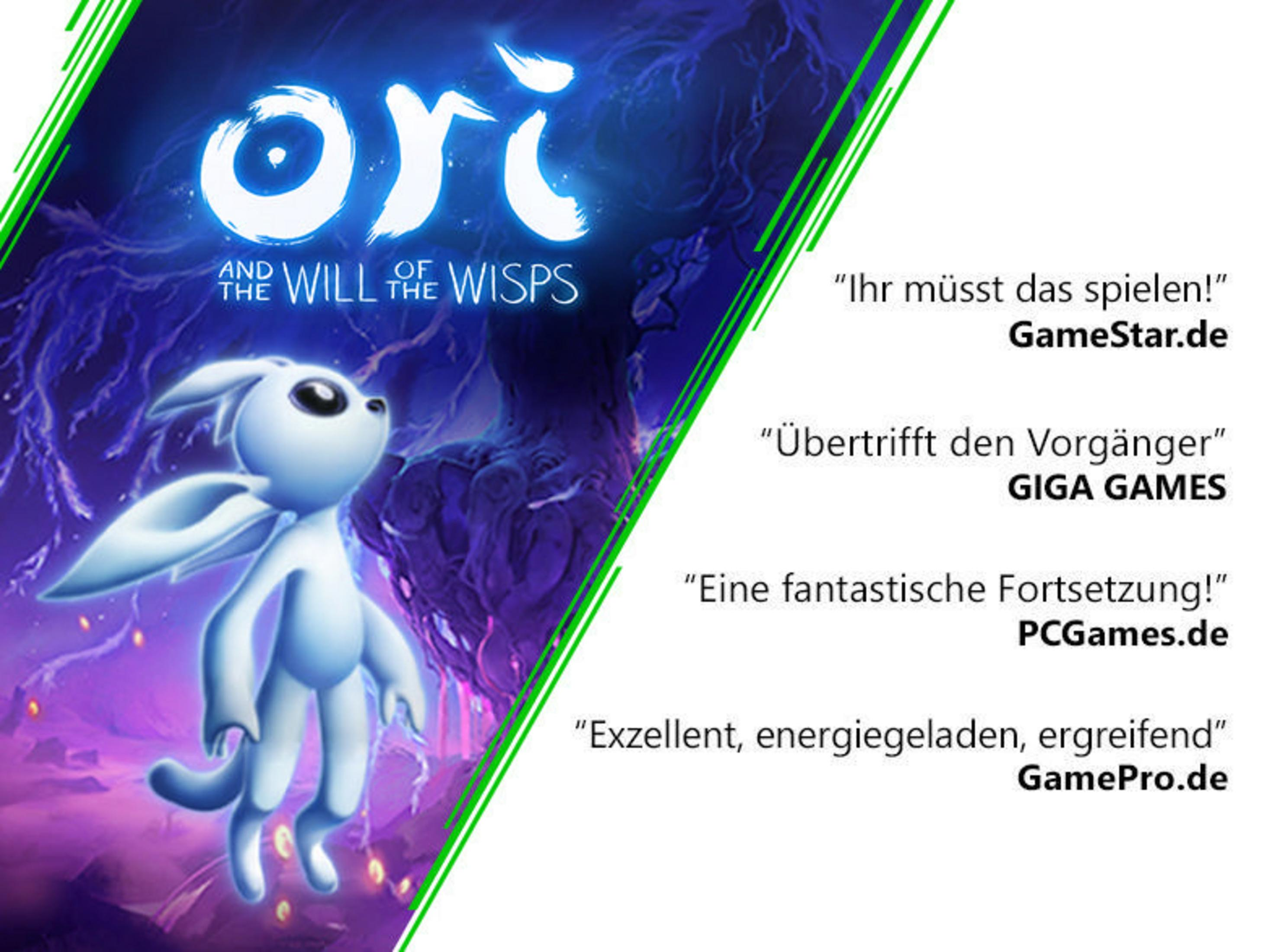 Portada del juego con texto y un personaje blanco flotante. Reseñas en bloques verdes a la derecha.