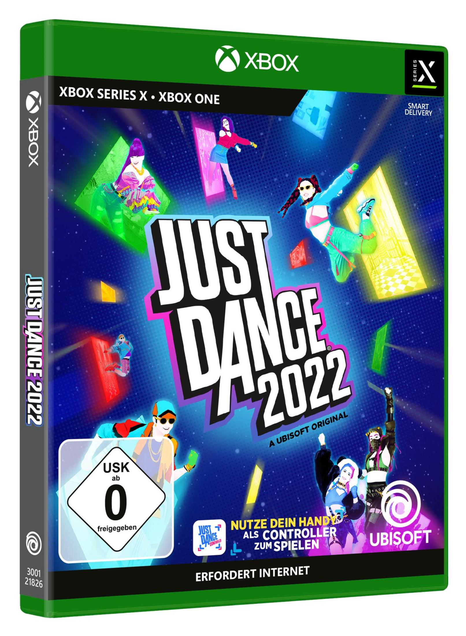 Xbox-Spielbox: Just Dance 2022, mit Tänzern und einem Xbox-Logo.