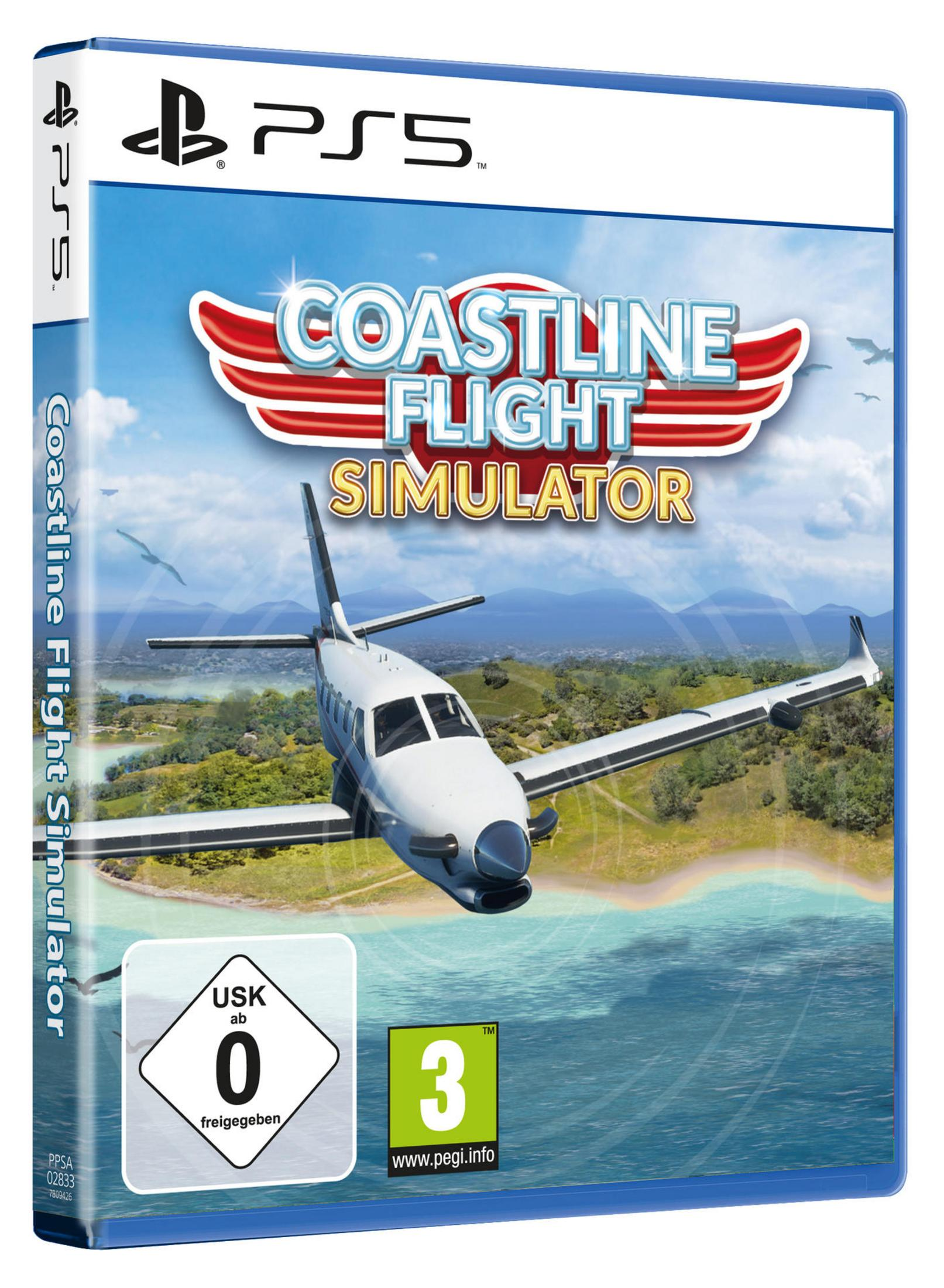 PS5-Spielcover zeigt Flugzeug über Wasser, Titel Coastline Flight Simulator.