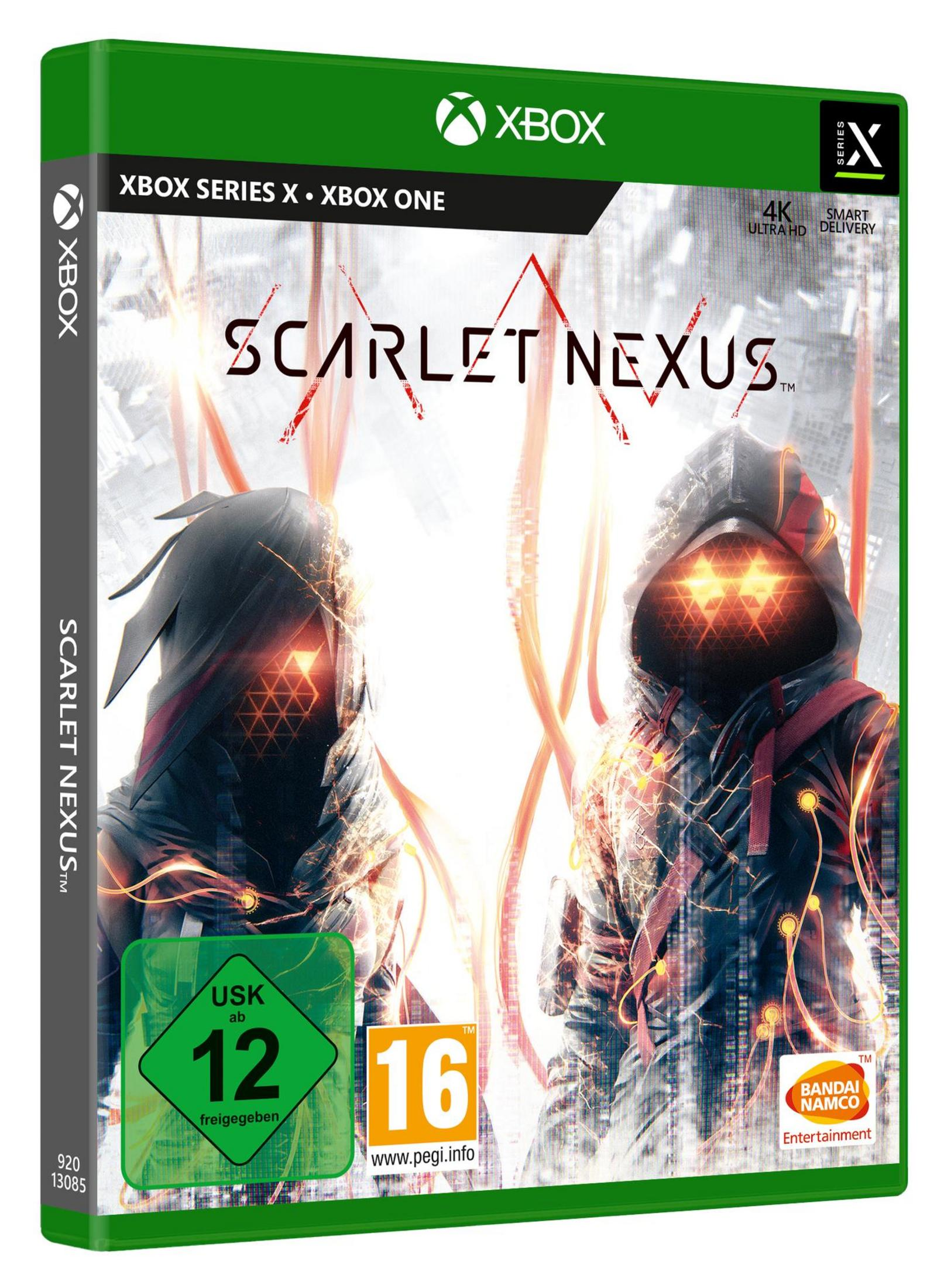 Videospielbox für Scarlet Nexus mit zwei Kapuzenfiguren und dem Spieltitel in Rot auf grünem Hintergrund.