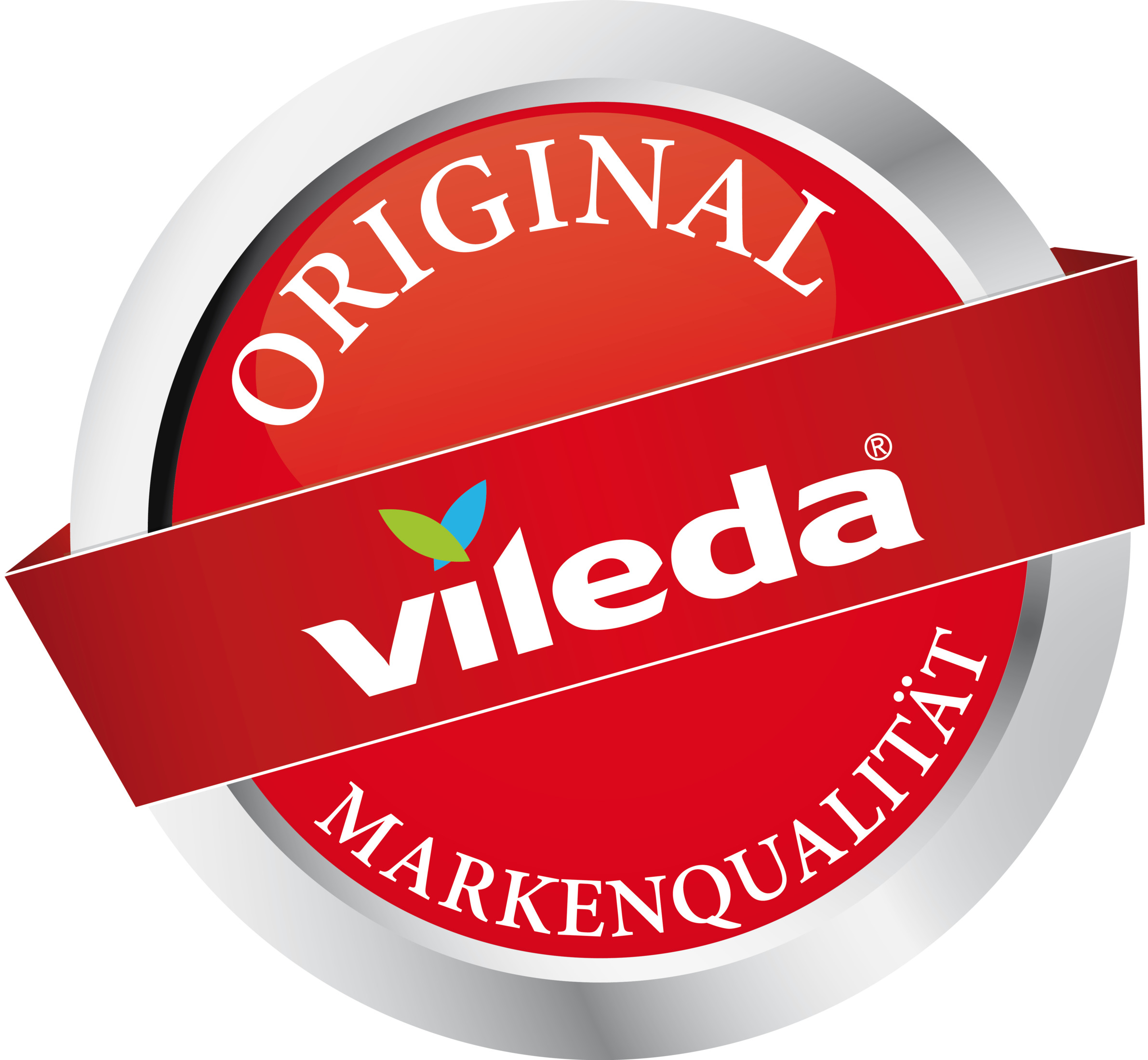 Ein rotes und silbernes Vileda-Logo. Das Logo lautet 'ORIGINAL' und 'MARKENQUALITÄT' auf einem roten Band.