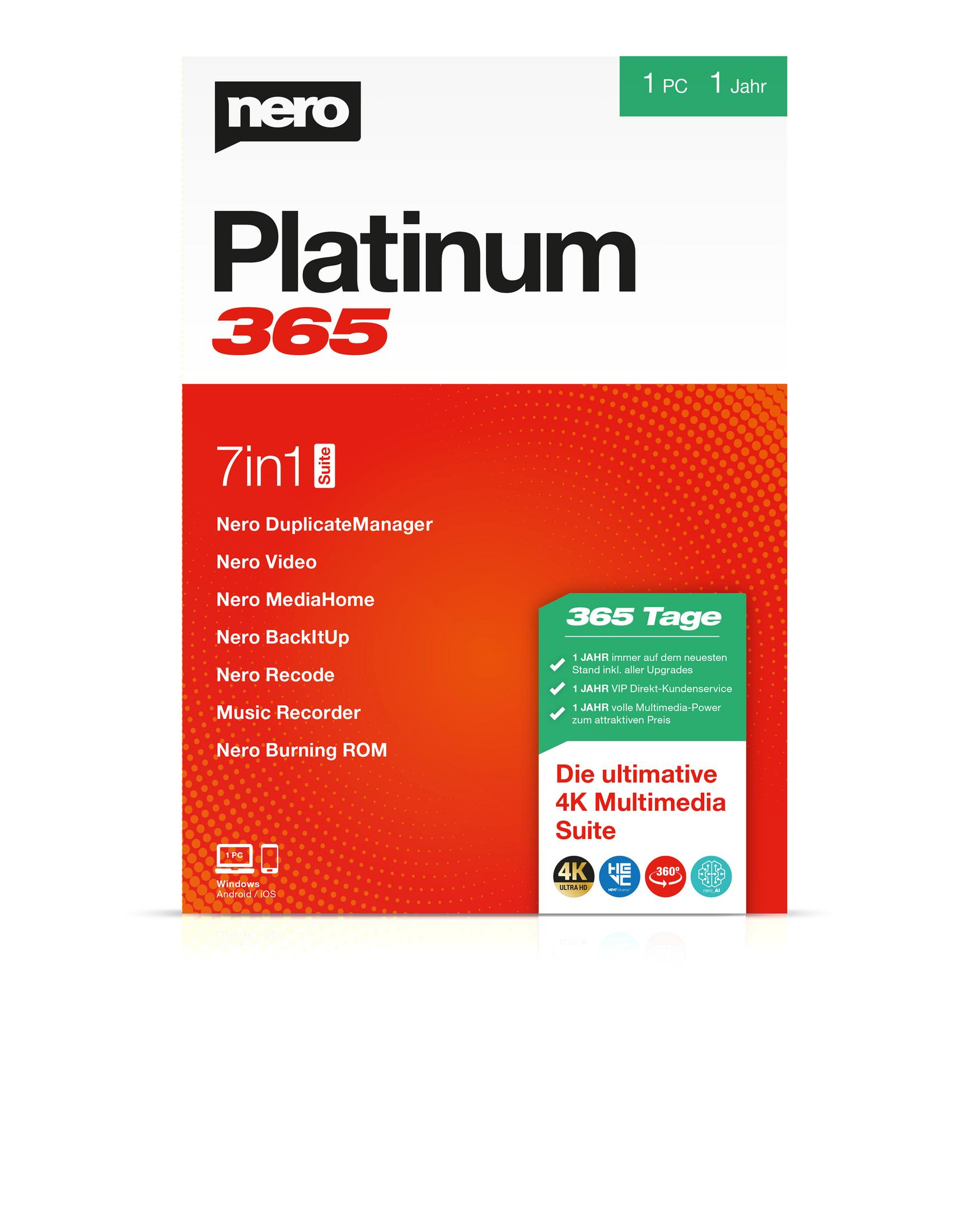Scatola del software Nero Platinum 365 con più funzionalità, schema di colori rosso e bianco.