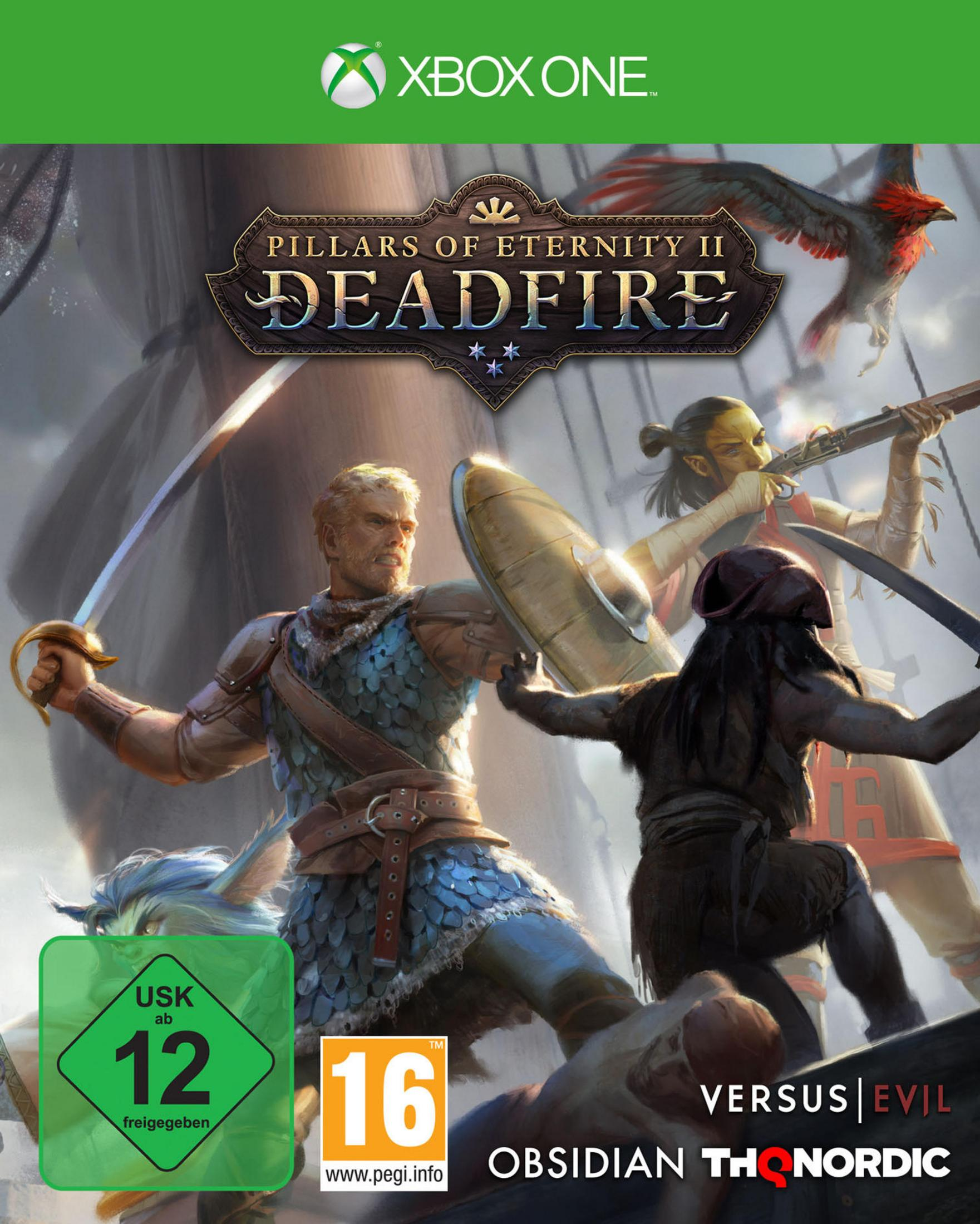 Spielecover mit Kriegern, Schwertern und einem fliegenden Wesen. Titel: Pillars of Eternity II: Deadfire.