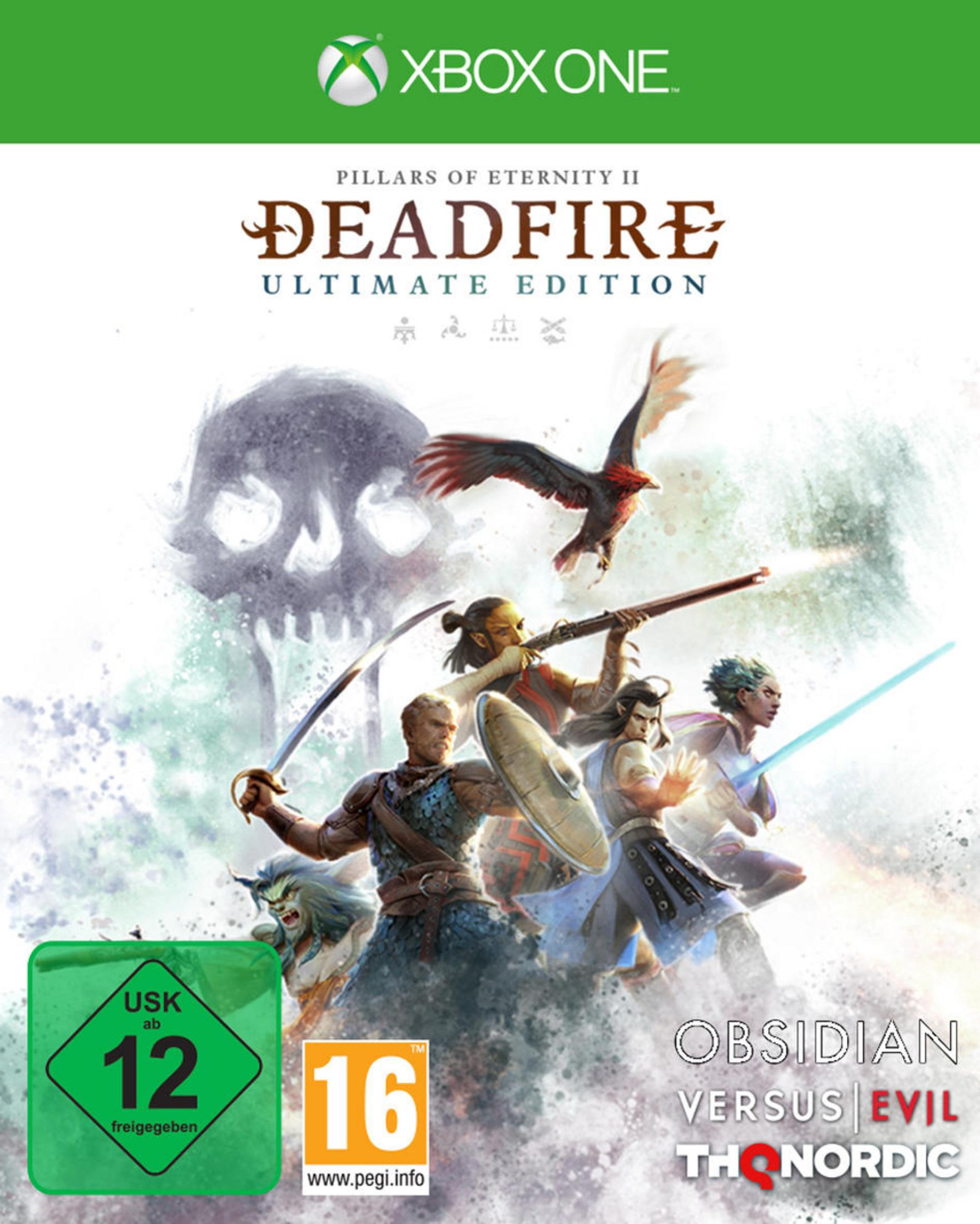 Xbox-Spielbox: Pillars of Eternity II: Deadfire. Spielfiguren, Schädel, Schiff und Adler.