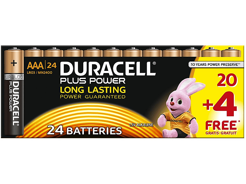 DURACELL 019058 POWER-AAA MN2400/LR6 BP20+4 AAA Micro Batterie, Alkaline, 1.5 Volt 24 Stück