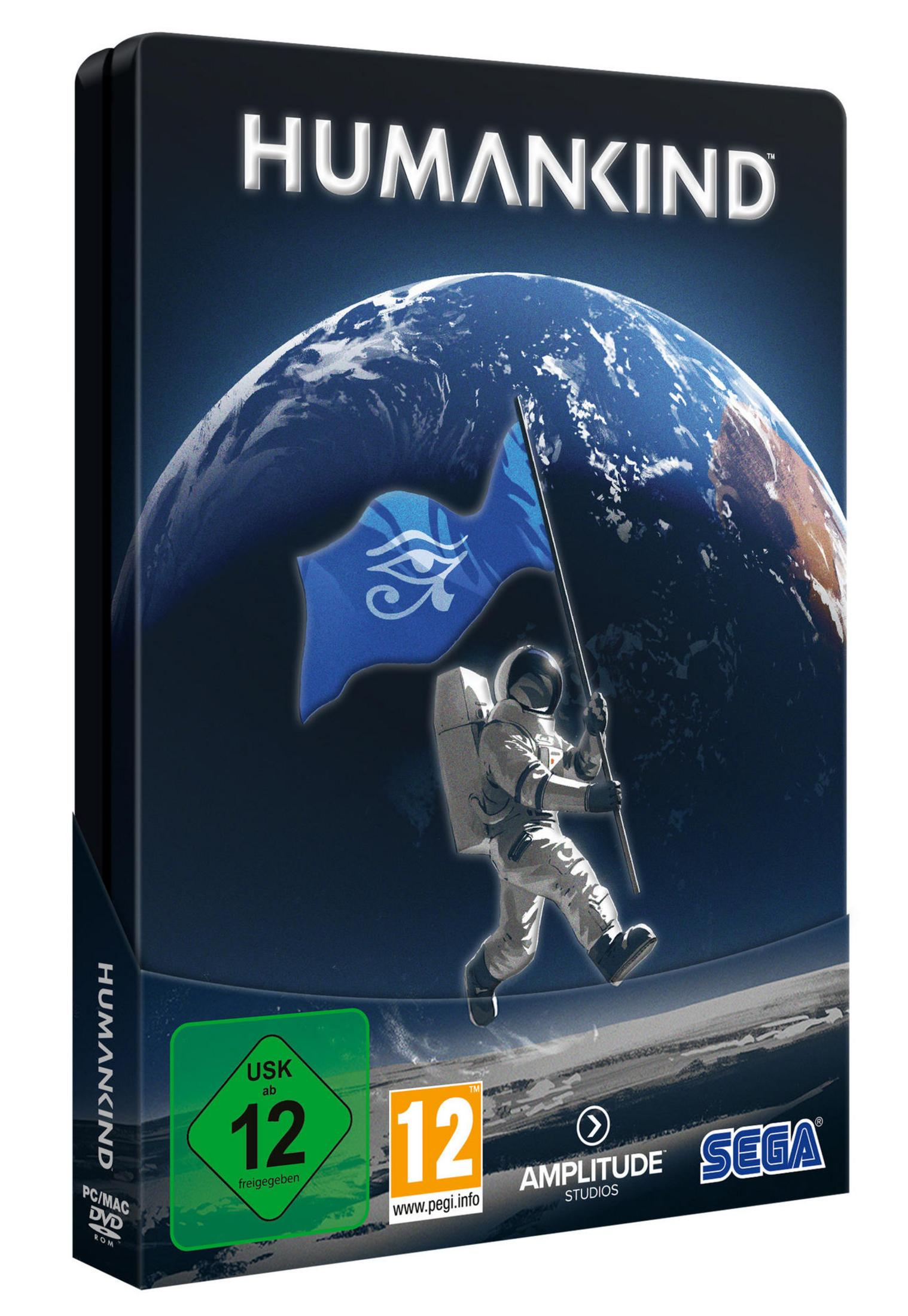 Humankind Videospielbox. Die Box zeigt einen Planeten mit einem Astronauten, der eine Flagge hält.