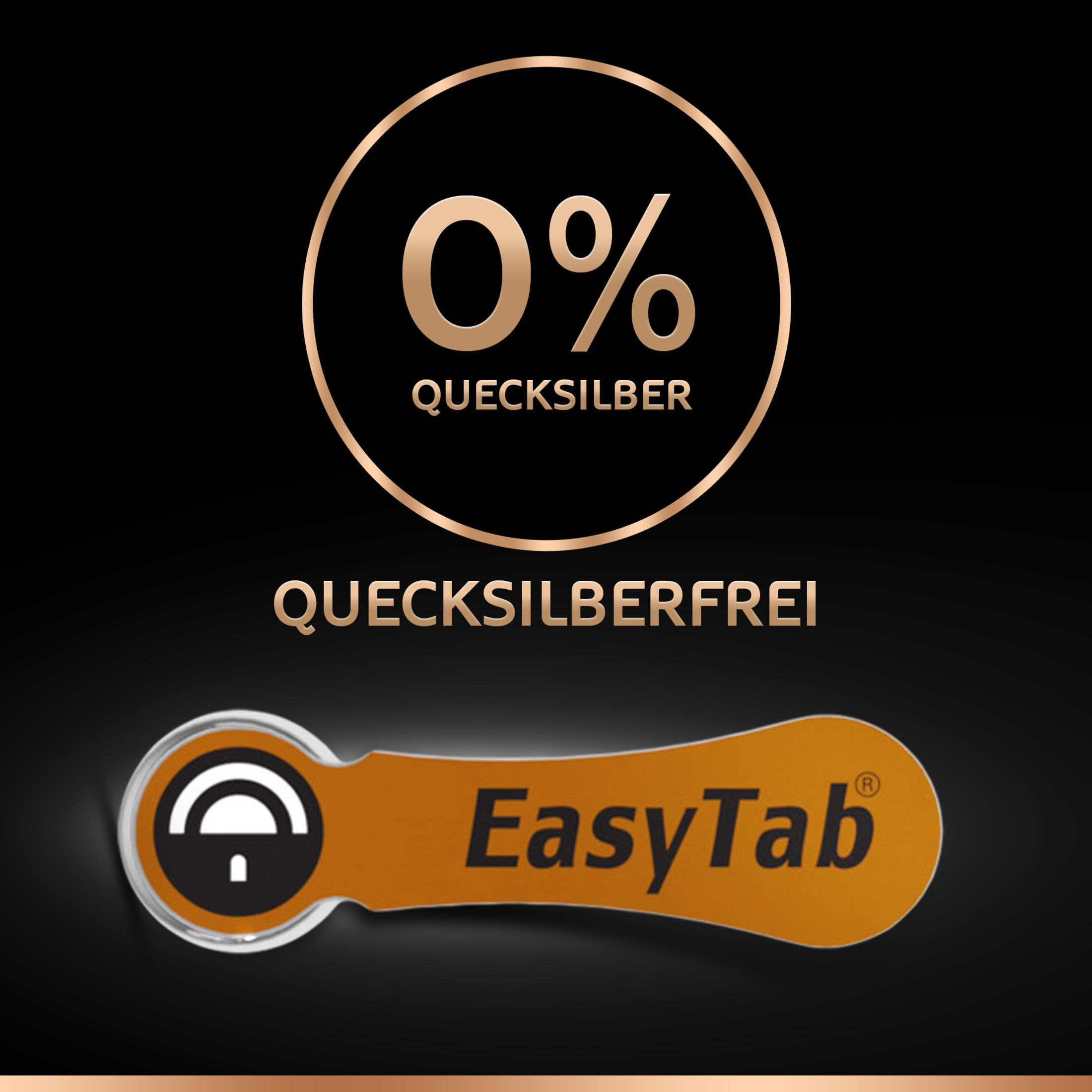 Złoty okrąg z tekstem '0% QUECKSILBER' i 'QUECKSILBERFREI'. Również znak 'EasyTab'.