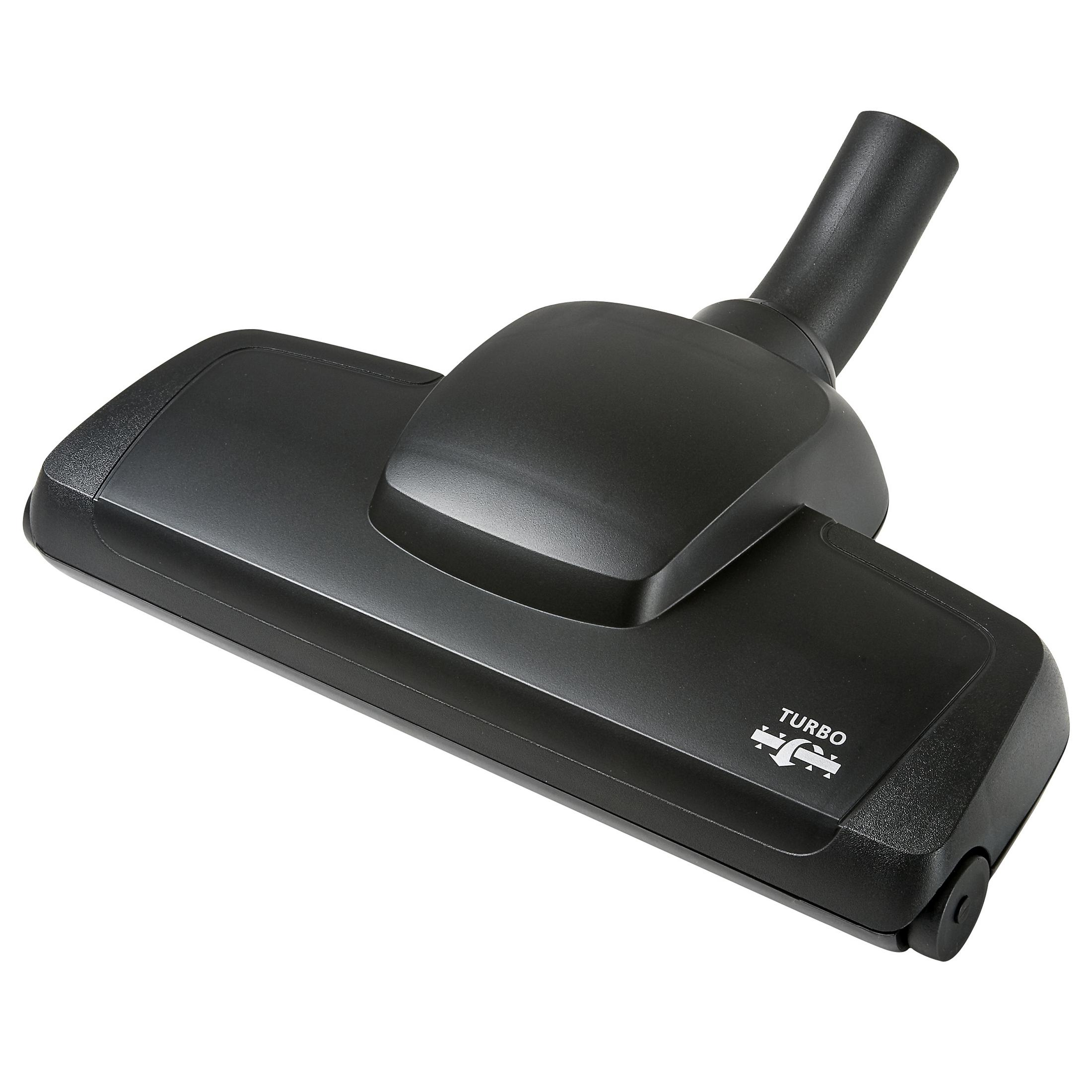 Ein schwarzer Staubsaugerkopf. Er besteht aus Kunststoff und hat ein Turbo-Logo.