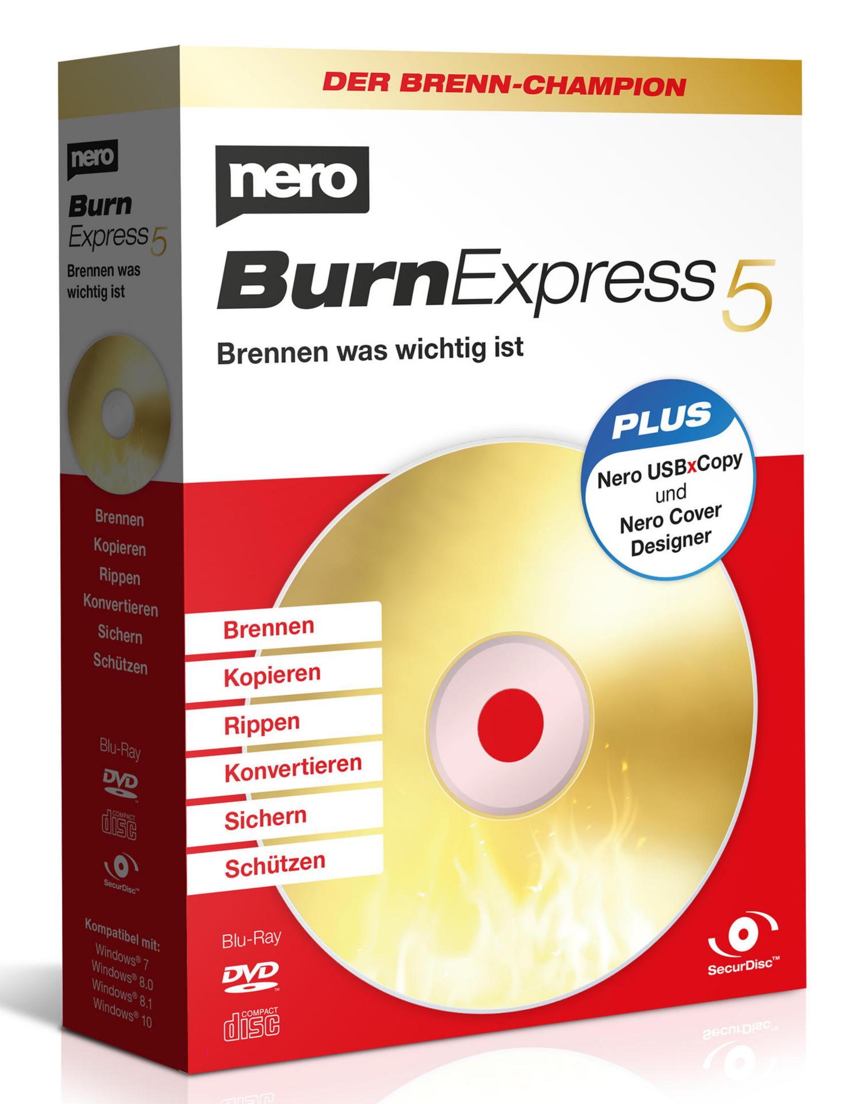 Scatola del software Nero BurnExpress 5 con un disco nella parte anteriore. La scatola è rossa e bianca.