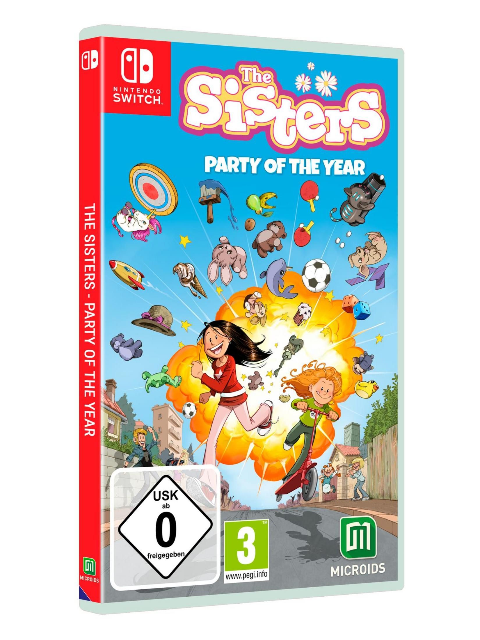 Spielbox für Nintendo Switch, "The Sisters: Party of the Year". Mädchen rennen, Spielzeug fliegt und Stadt im Hintergrund.