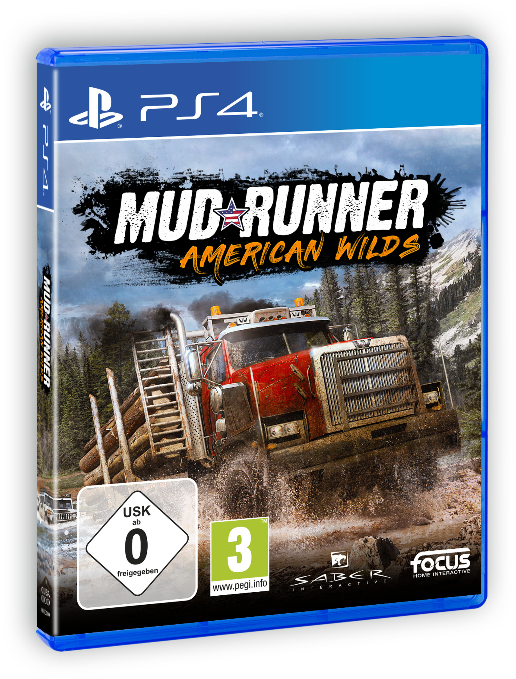 PS4-Spielbox, MudRunner: American Wilds, zeigt einen LKW im Schlamm. Wald im Hintergrund.