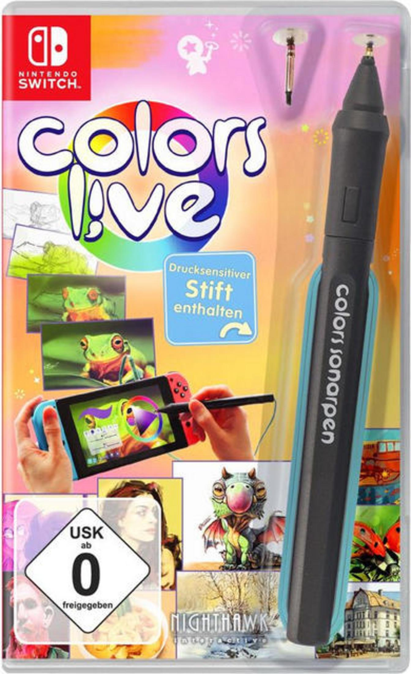 Nintendo Switch Spiel: Colors Live. Die Box zeigt das Spiel mit einem Stift und einer Froschzeichnung.