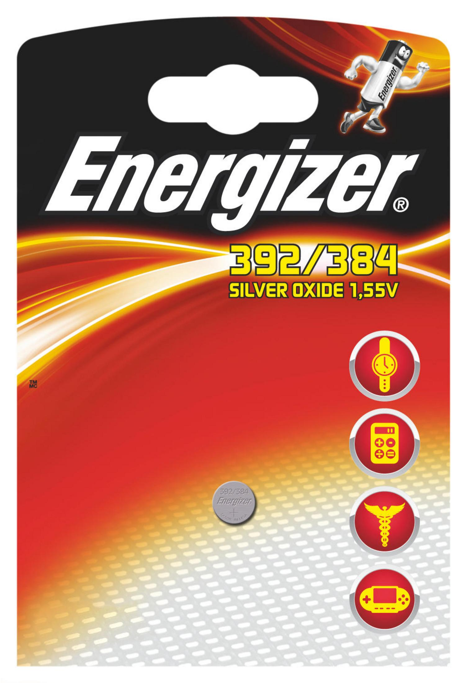 Energizer Batteriekarten. Silberne Batterie auf rotem und gelbem Hintergrund. Text.