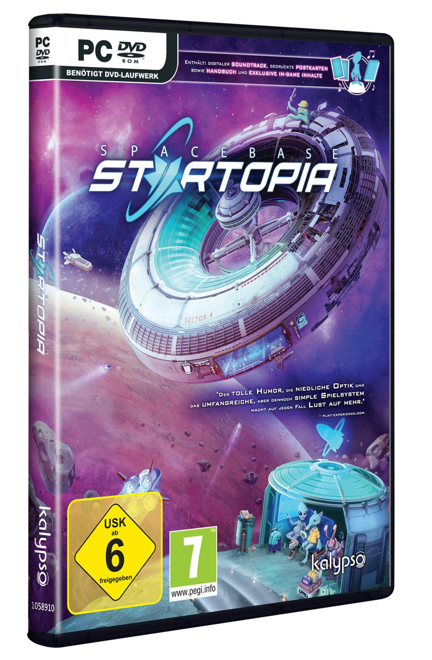 Spacebase Startopia-Spielhülle mit futuristischer Raumstation auf dem Cover, lila und blauer Weltraum.