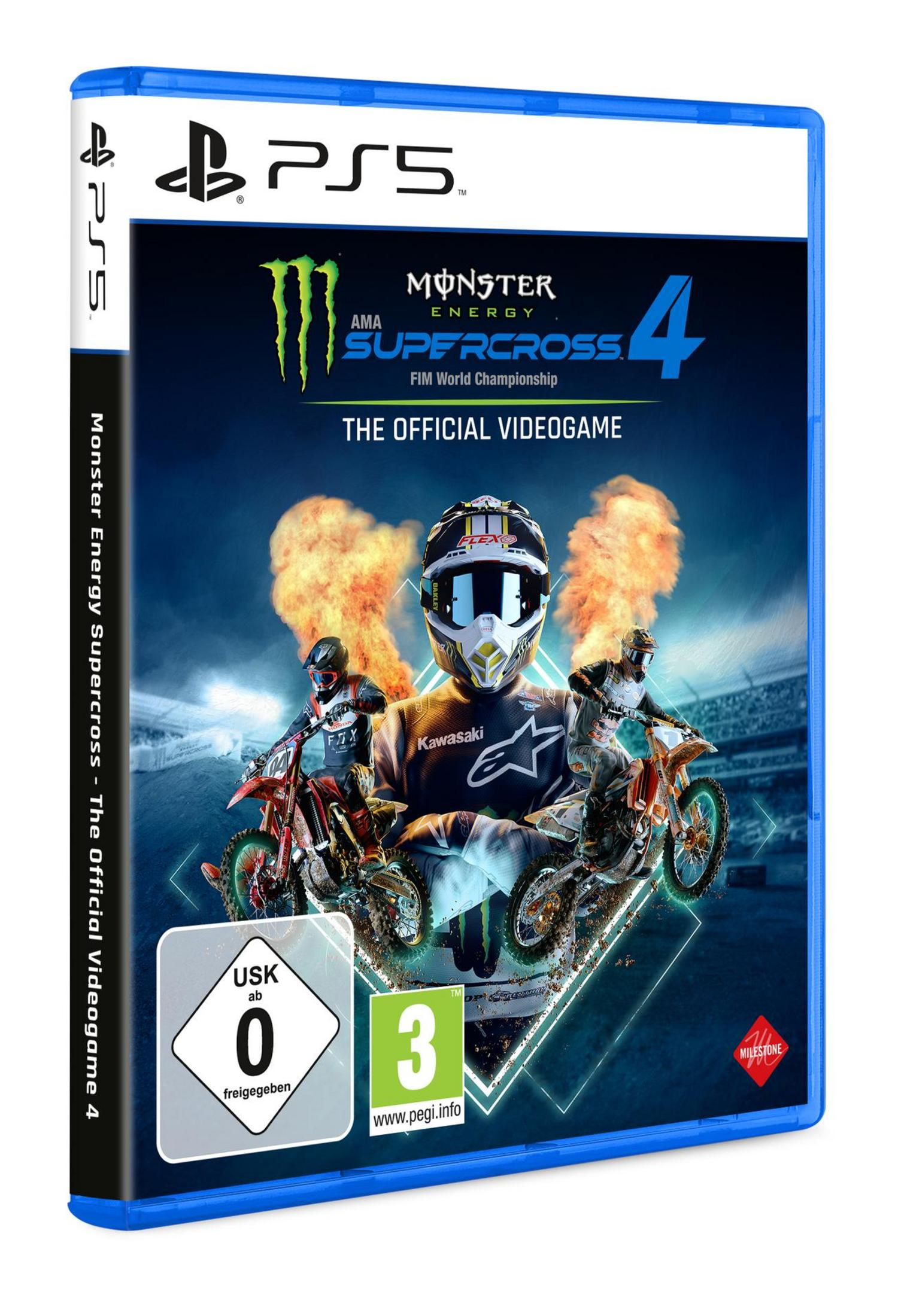 Monster Energy Supercross 4 Spielbox mit Motorradrennfahrern.