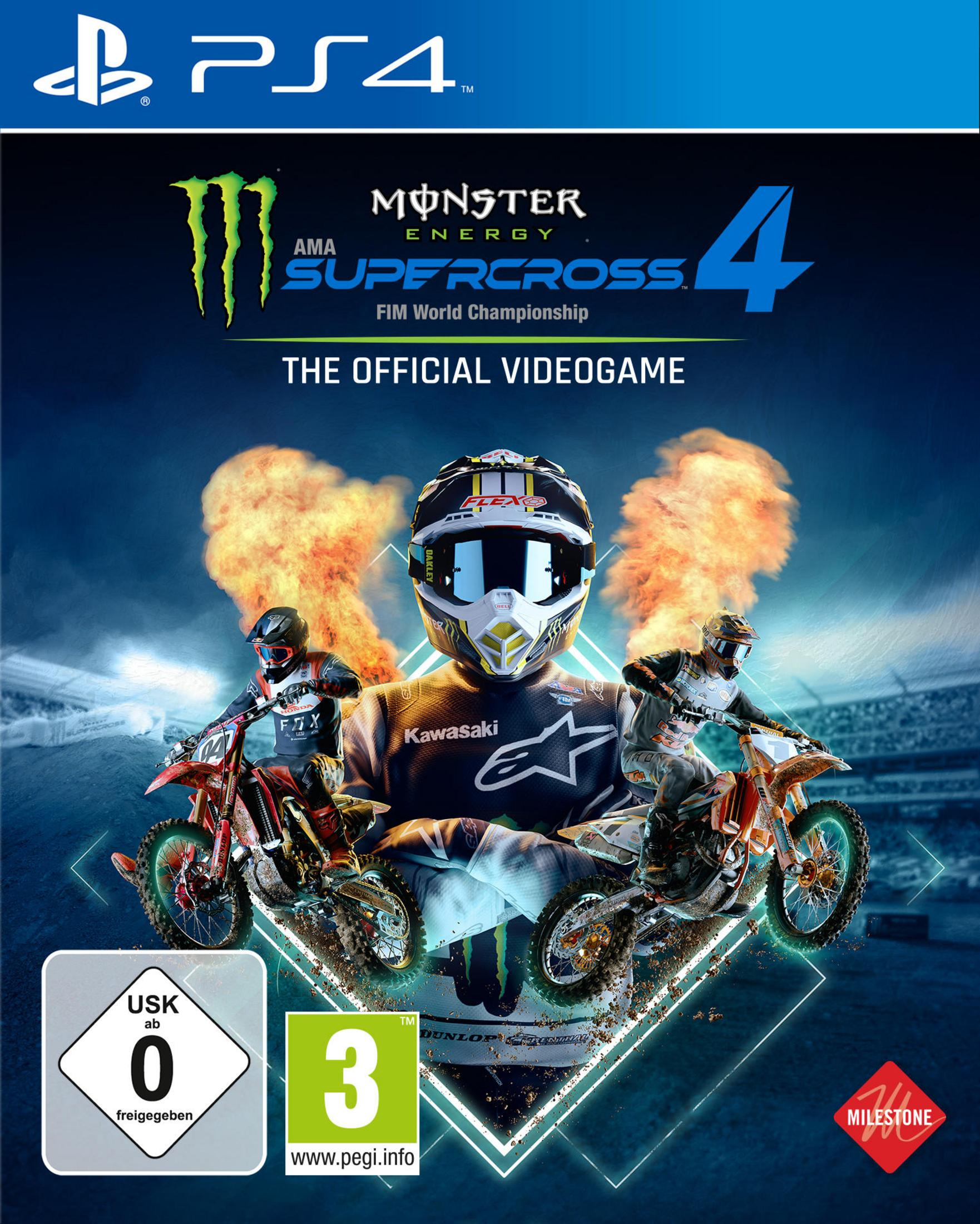 Eine PS4-Spielbox mit drei Fahrern auf Dirtbikes in der Luft. Der Titel lautet Monster Energy Supercross 4.