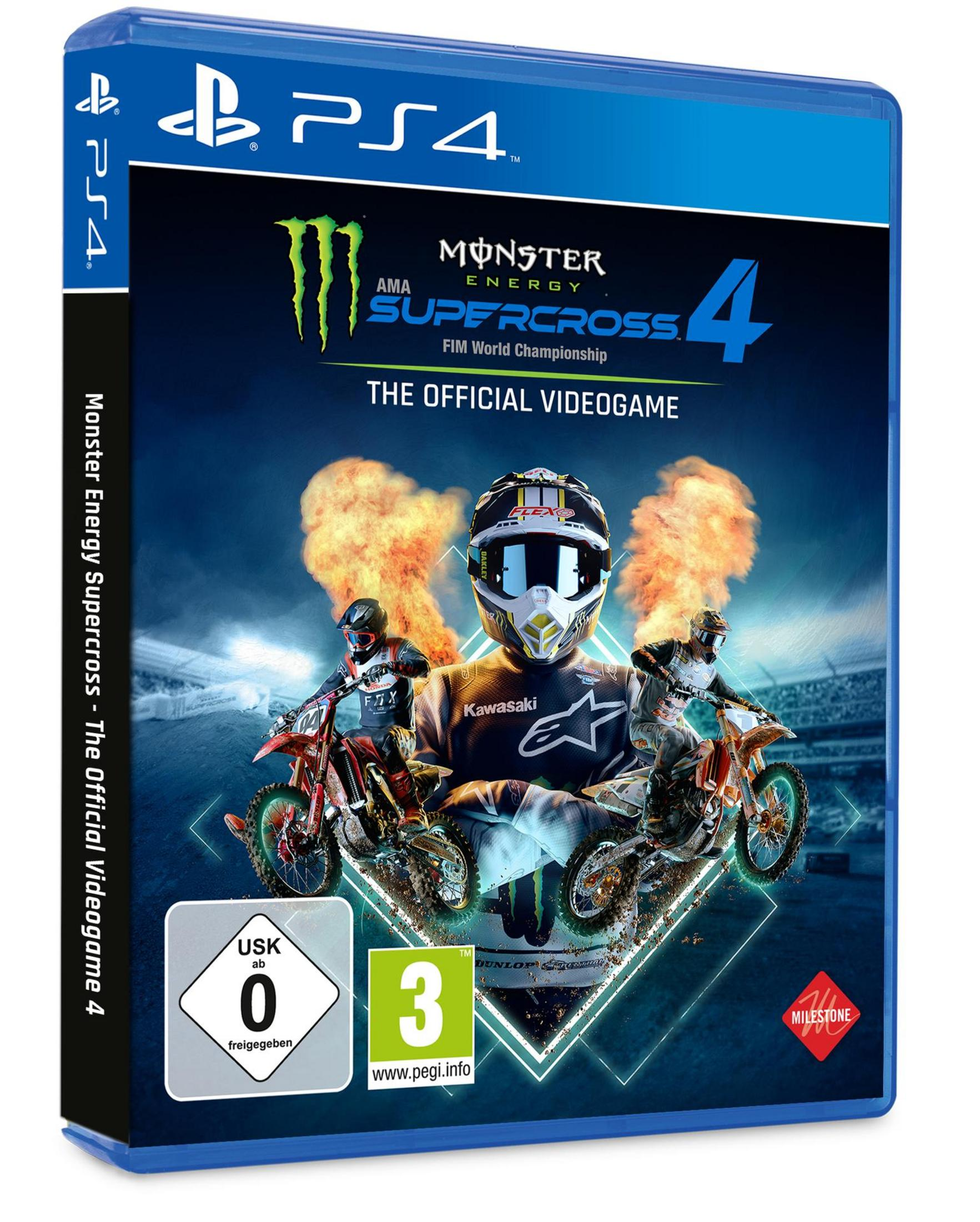 PS4-Spielhülle für Monster Energy Supercross 4, mit einem Motocross-Rennfahrer und zwei weiteren Fahrern.