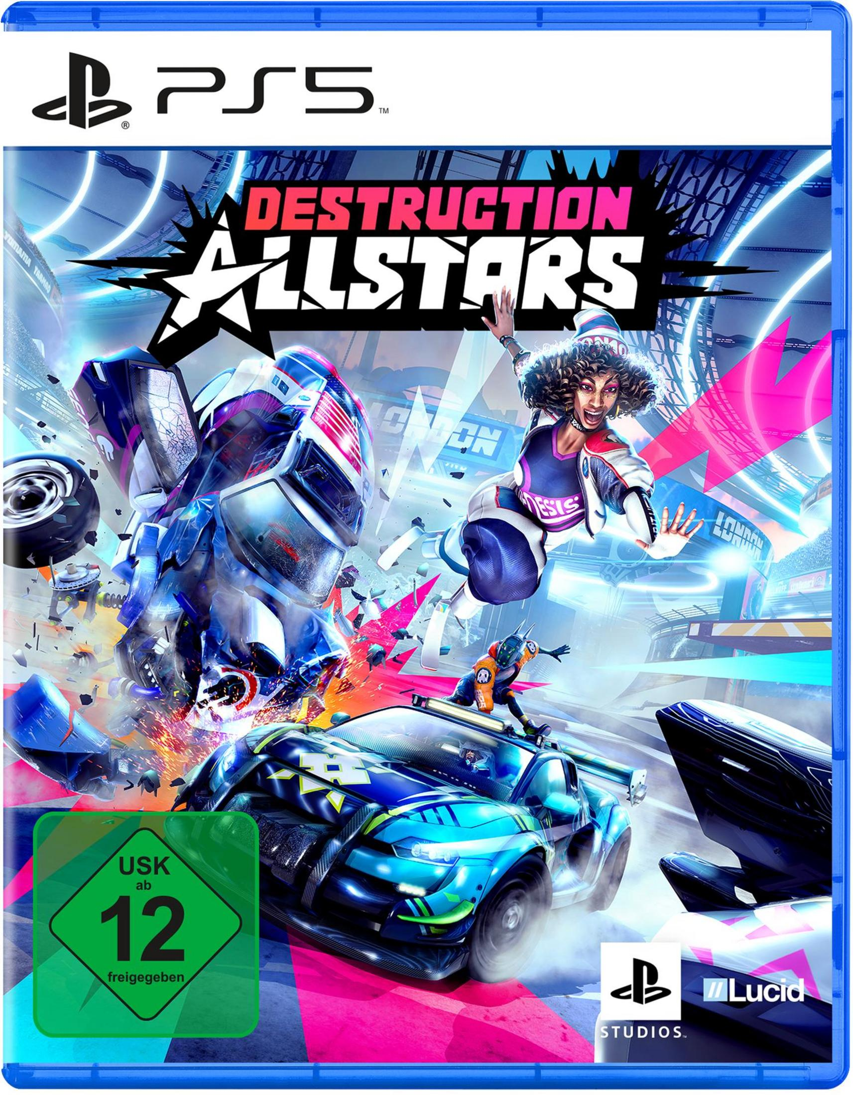 Destruction AllStars PS5 Spielverpackung. Zeigt Autos, die mit einer Frau in der Luft kollidieren.
