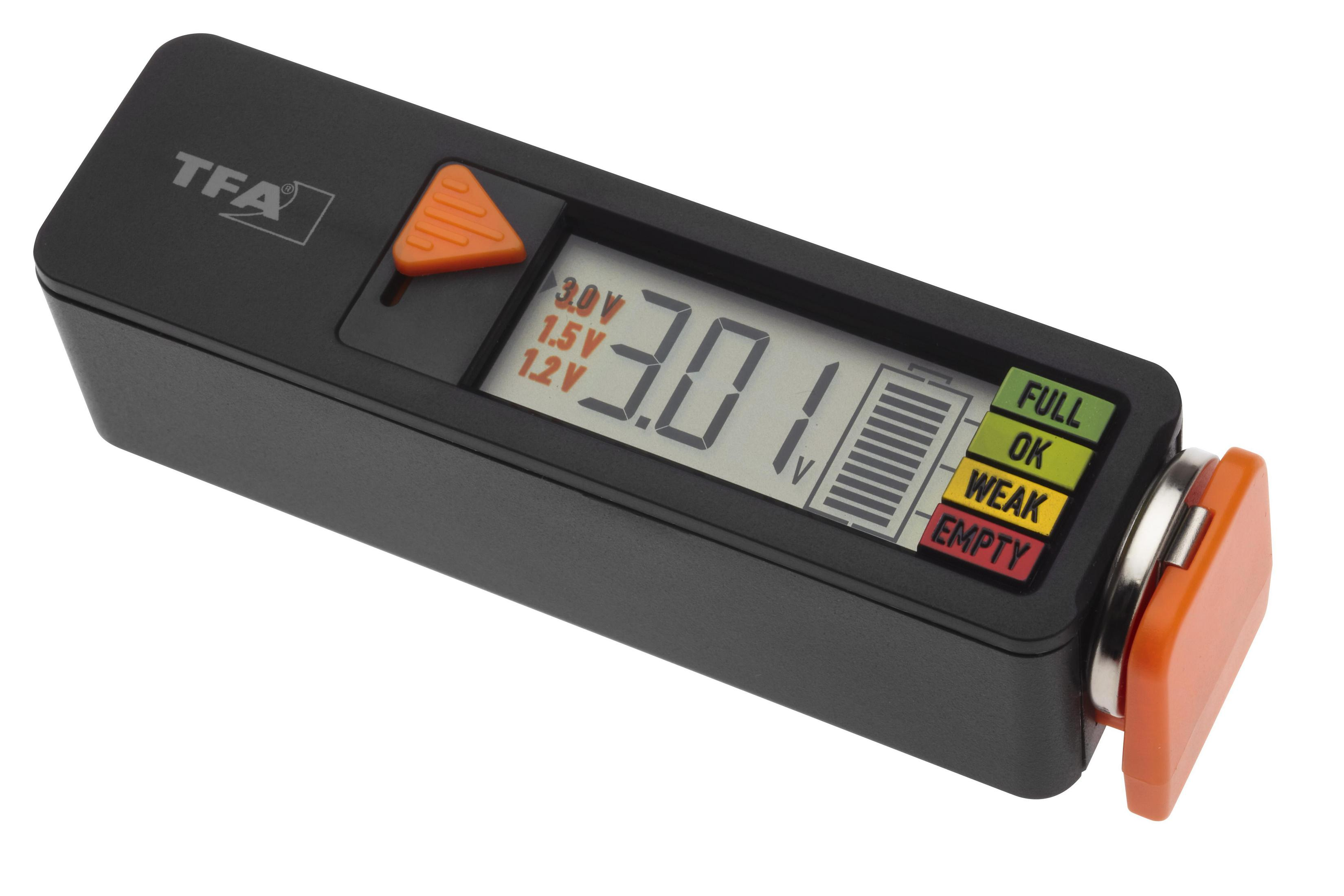 Ein schwarzer Batterietester mit einem Display, das 3,01 V anzeigt, mit einer grünen 'OK'-Anzeige.