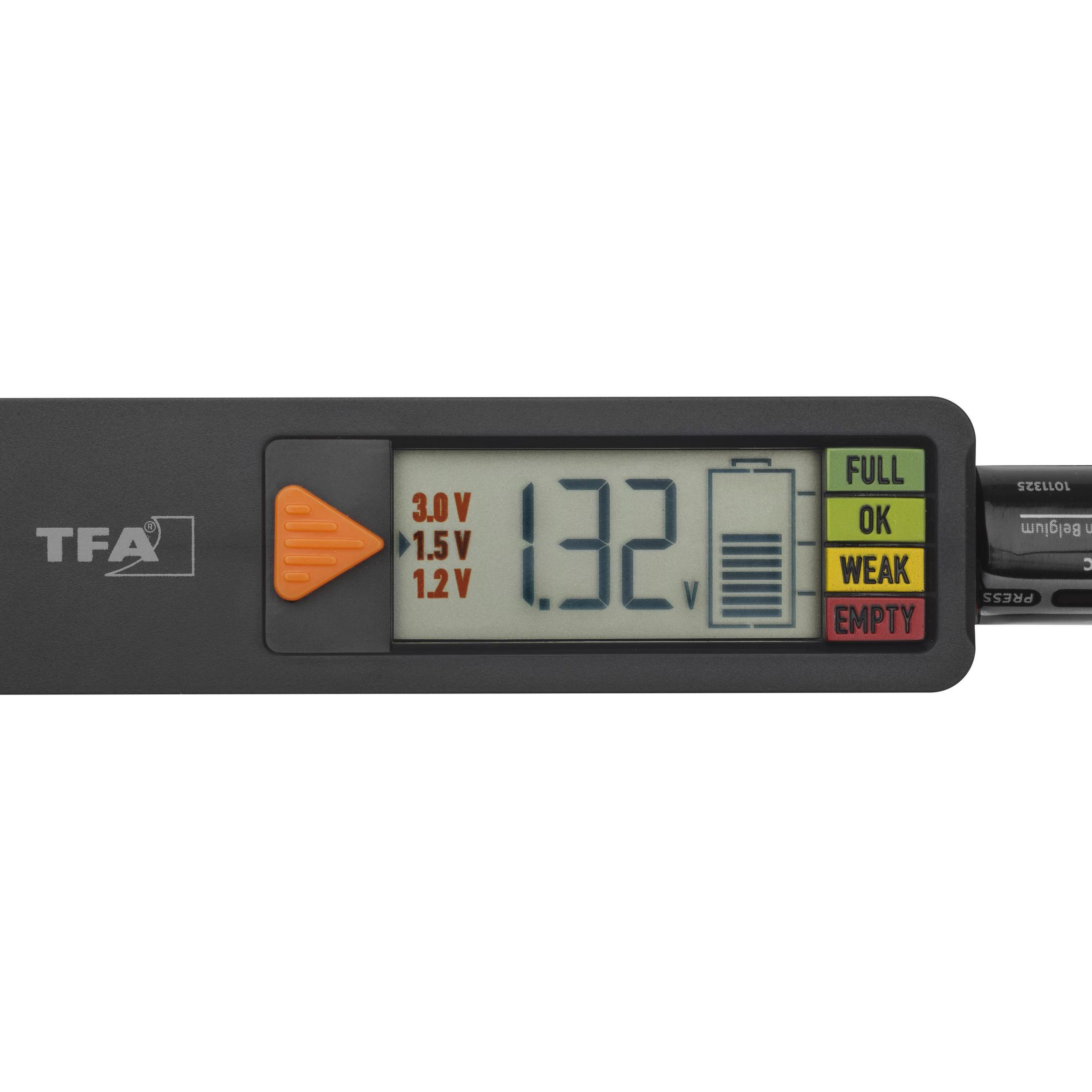 Schwarzes Batterietestgerät mit Digitalanzeige 1.32V und Batteriesymbol.