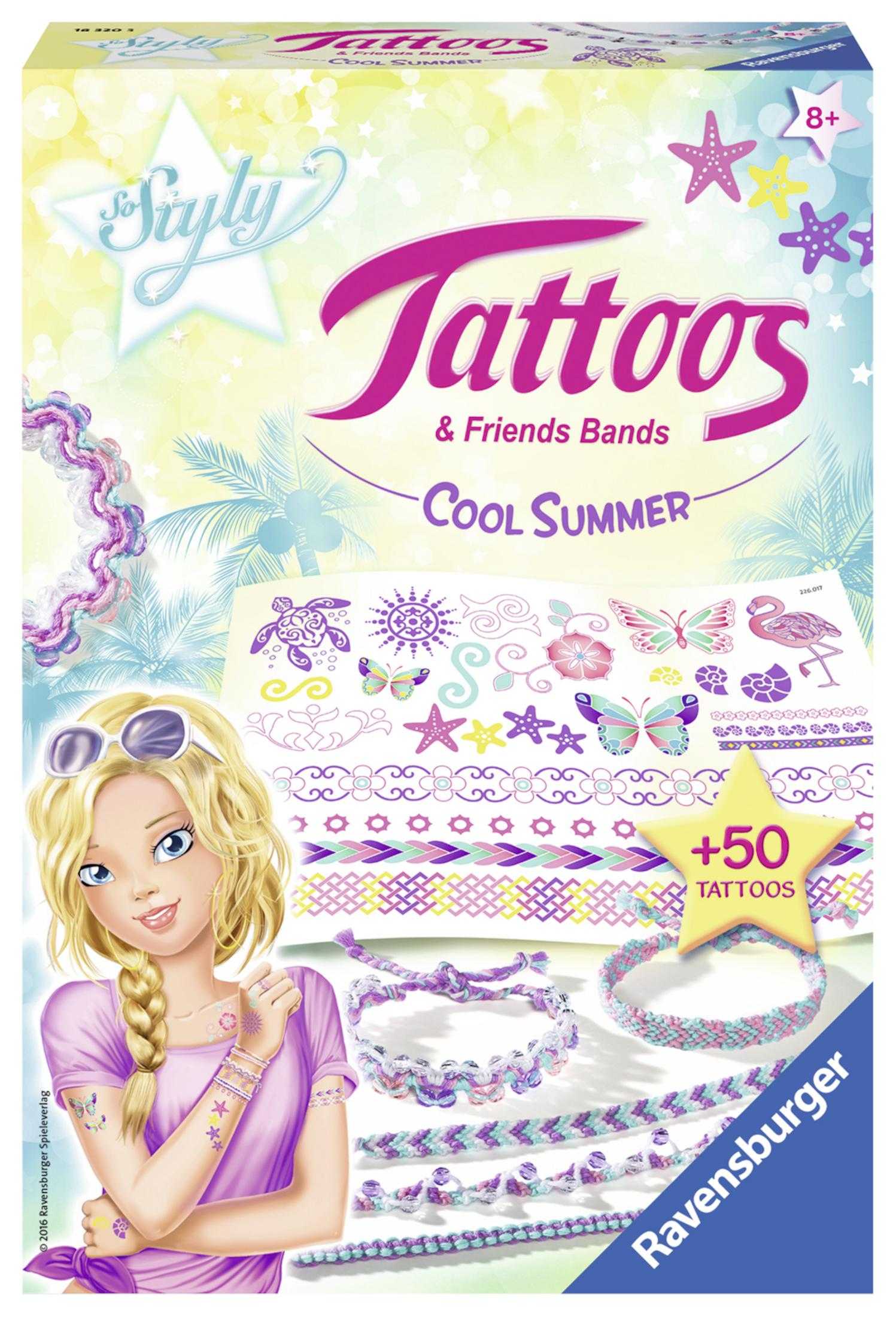 Box von 'Tattoos & Friends Bands' mit Mädchen, Armbändern und Tattoos. Cool Summer Thema.