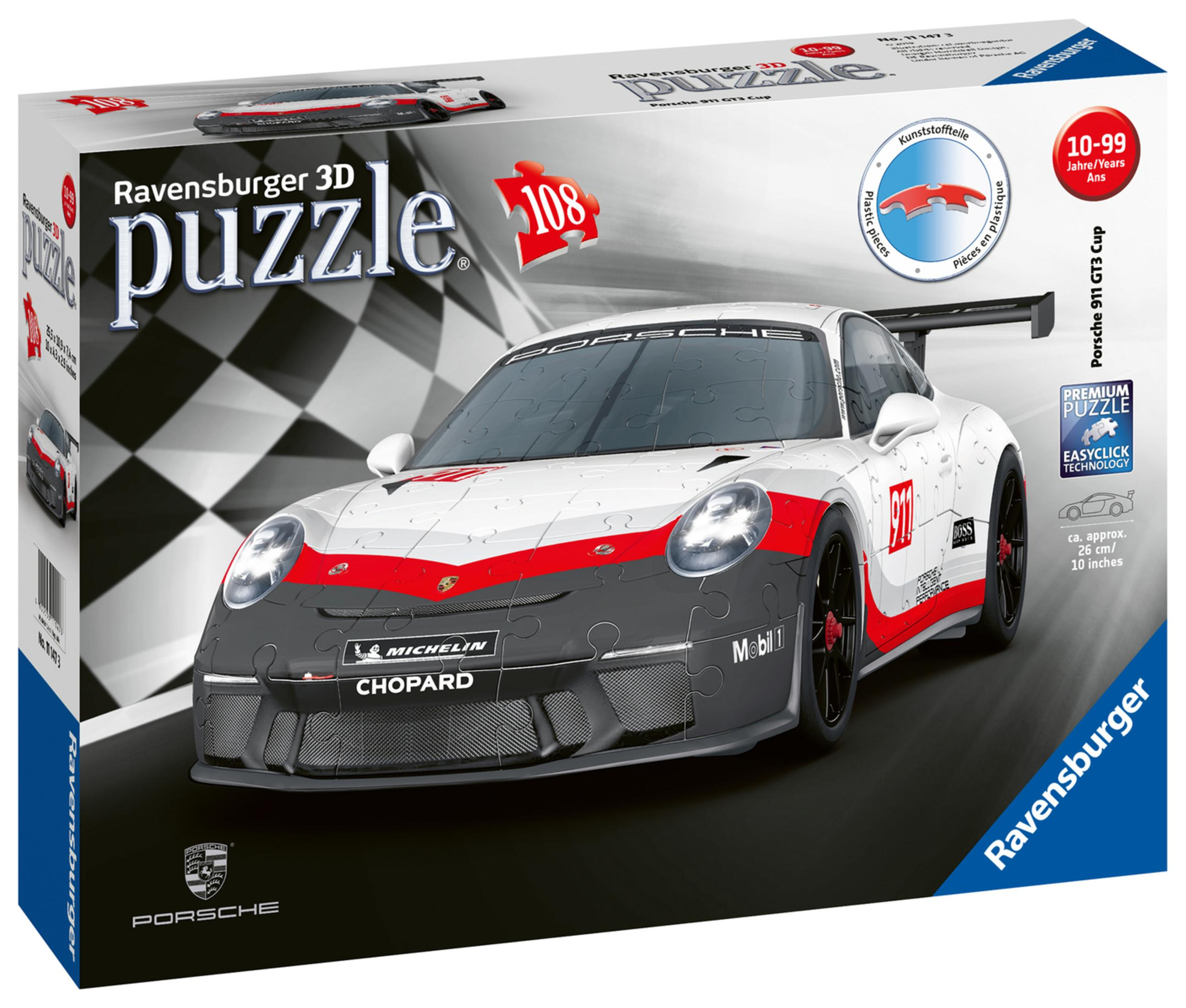 Pudełko z puzzlami 3D Porsche 911 GT3 Cup. Pudełko przedstawia samochód na torze.