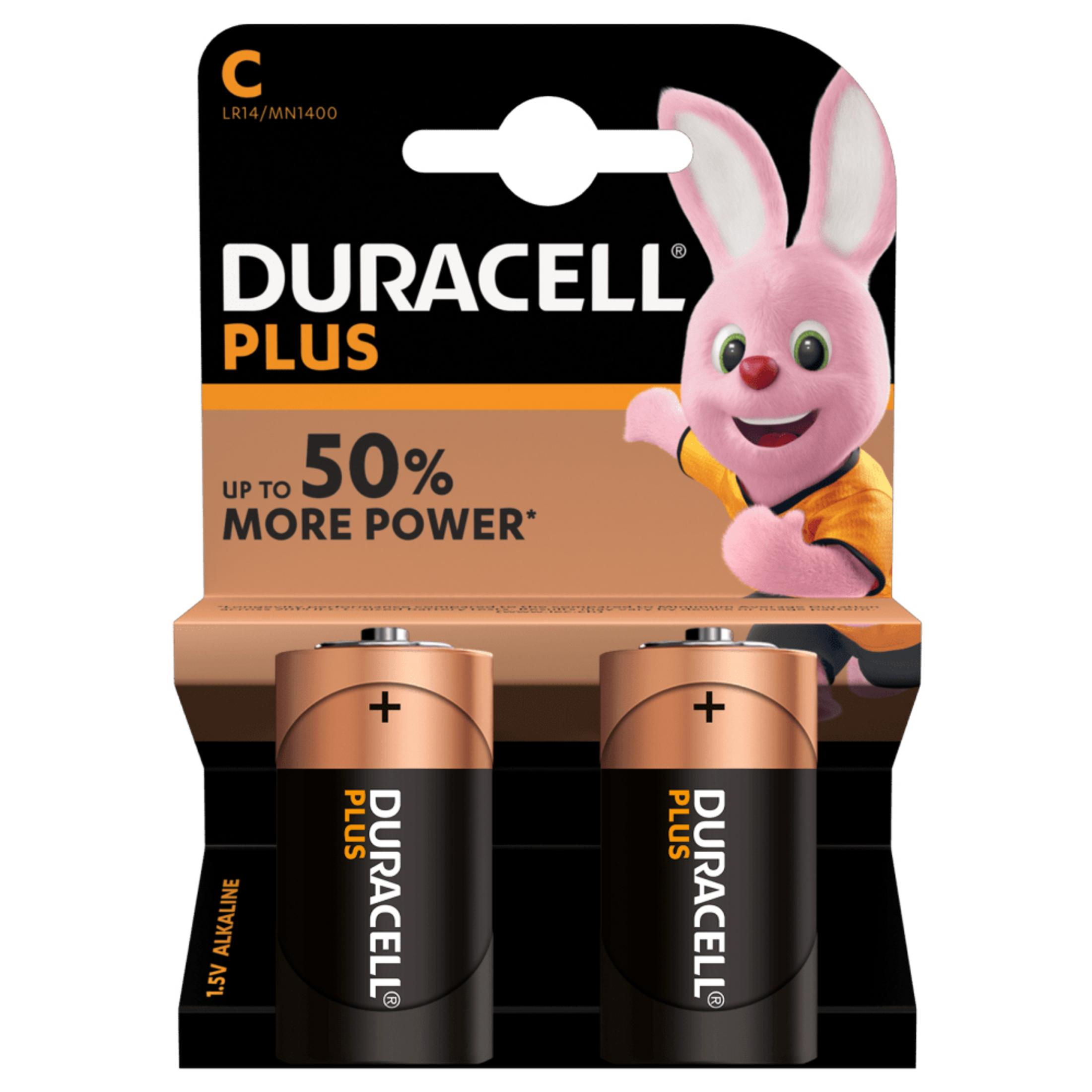 Duracell Plus Batterieverpackung mit Hase und Text auf weißem Grund.