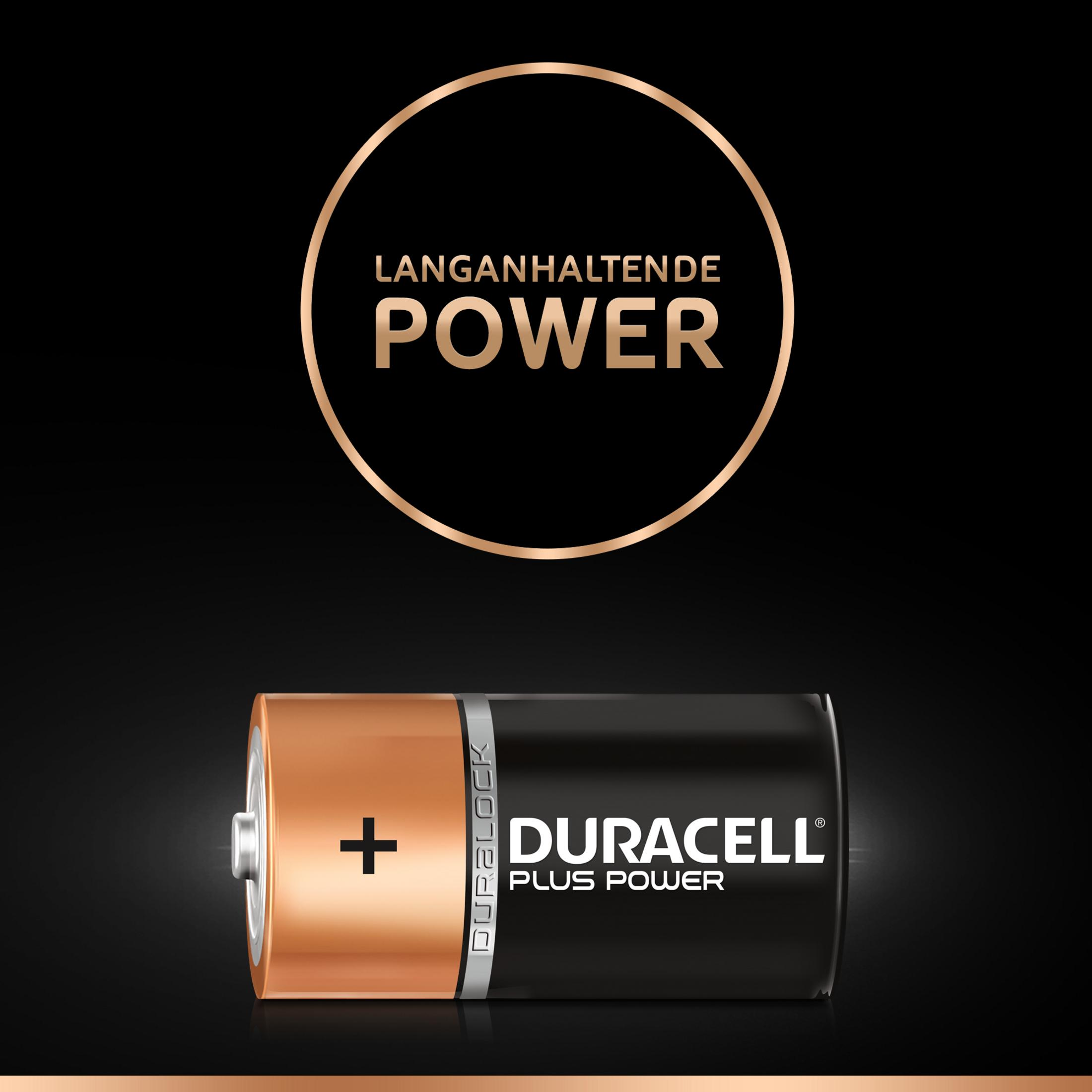 Duracell Plus Power Batterie. Die Batterie hat ein Pluszeichen und das Duracell-Logo.