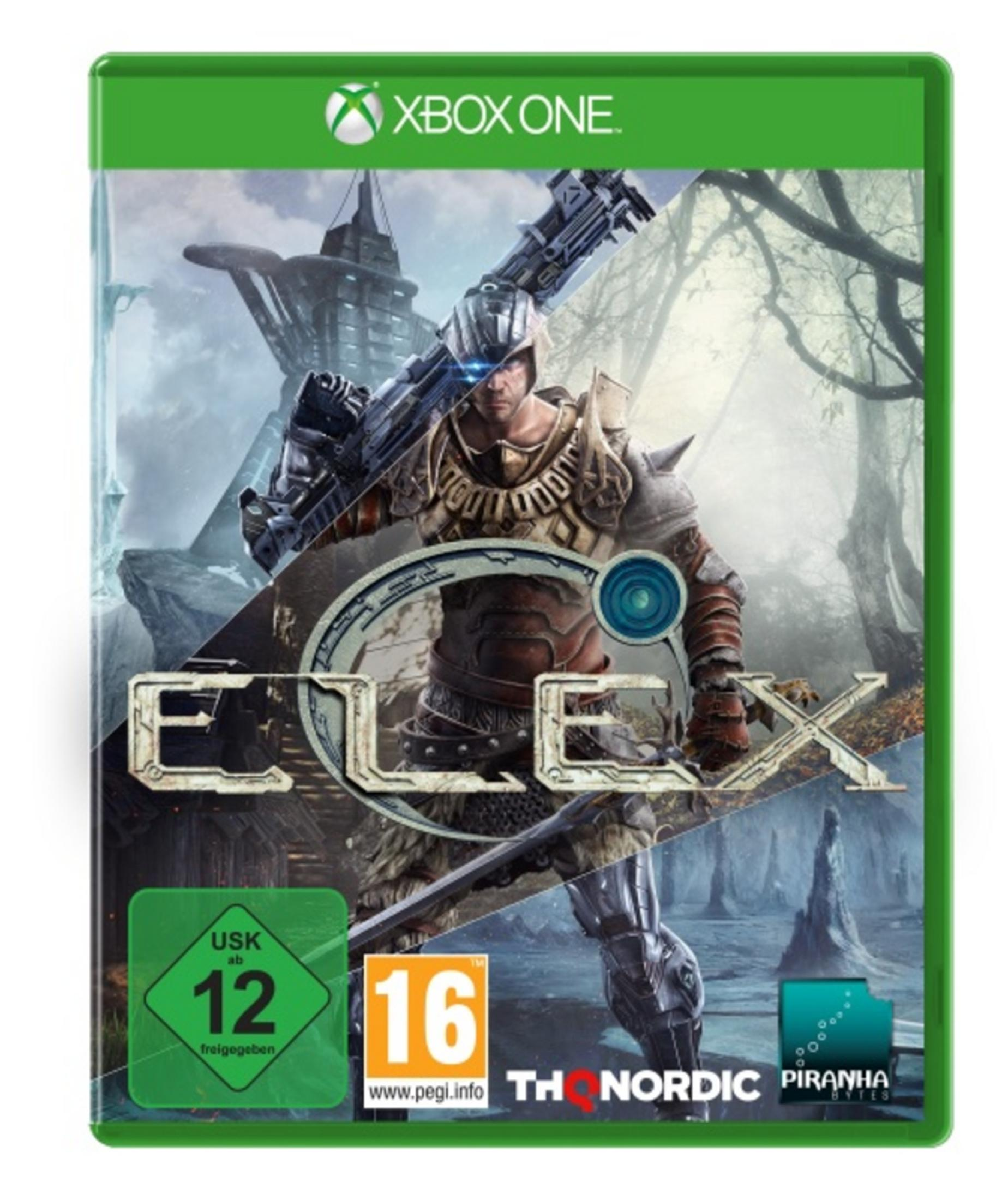 Xbox One-Spielbox für ELEX, mit einem Krieger, der eine Waffe hält.