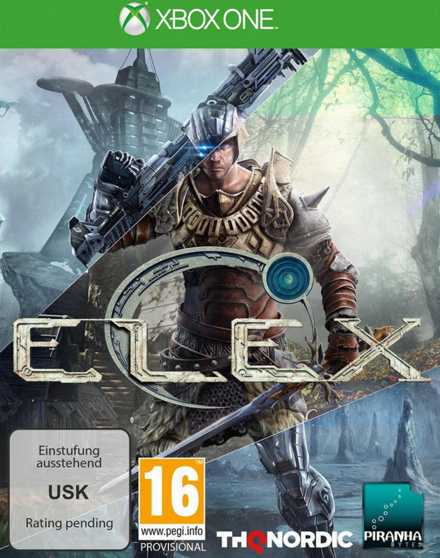 Xbox One-Spielhülle für Elex, mit Krieger, futuristischen Elementen und einem Wertungsabzeichen.