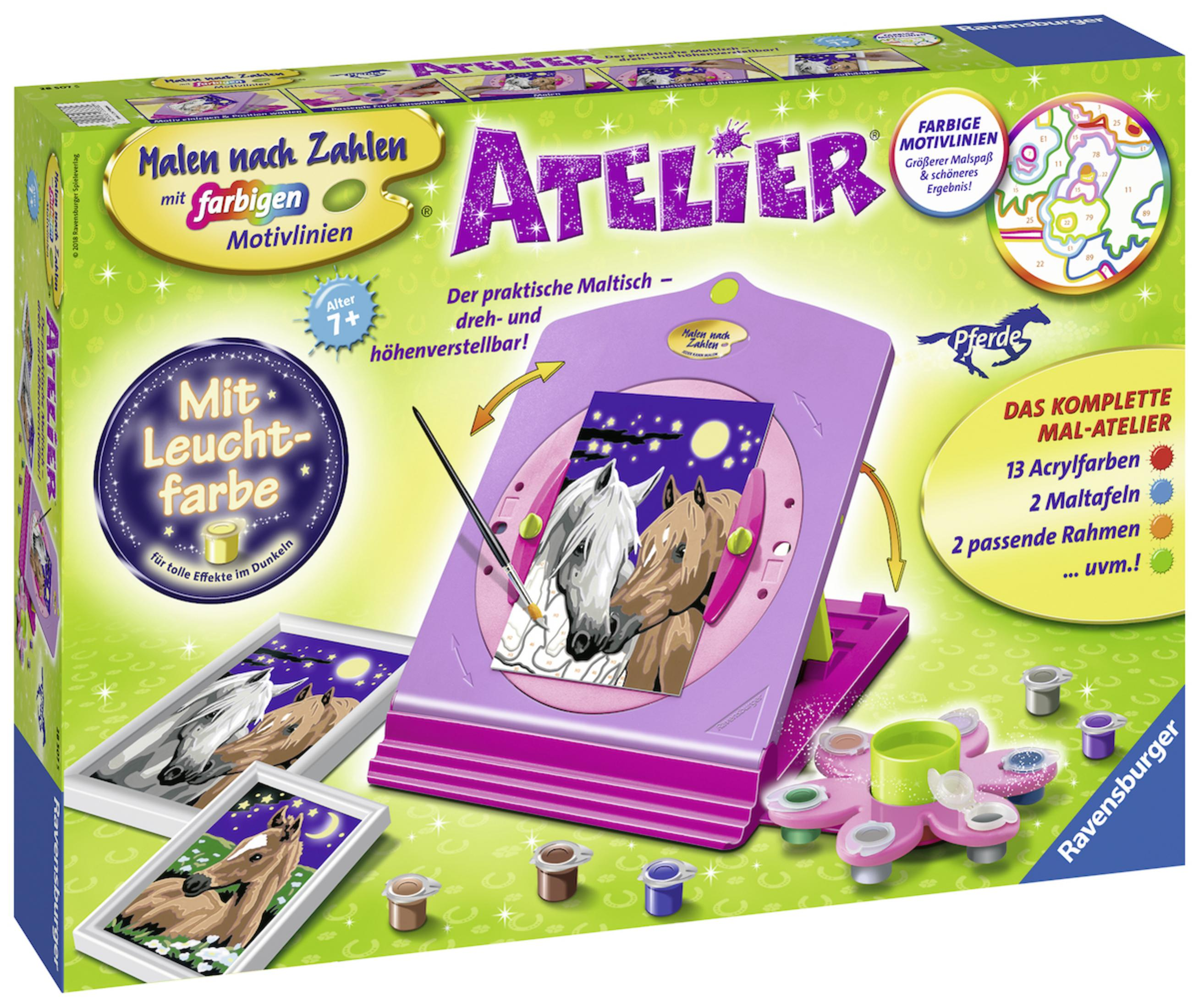 Ein Box-Set für 'Malen nach Zahlen Atelier' mit Pferden, Farben und einer Zeichenplatte.