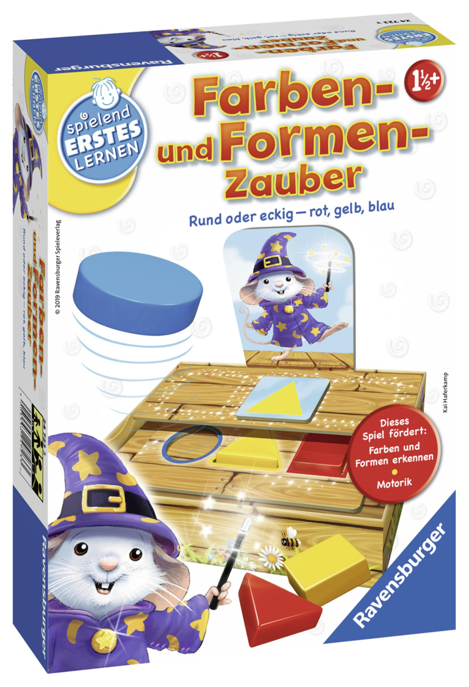 Spielbox mit einem Hasen-Zauberer, Formen und dem Text "Farben- und Formen-Zauber". Rote, gelbe und blaue Formen werden gezeigt.