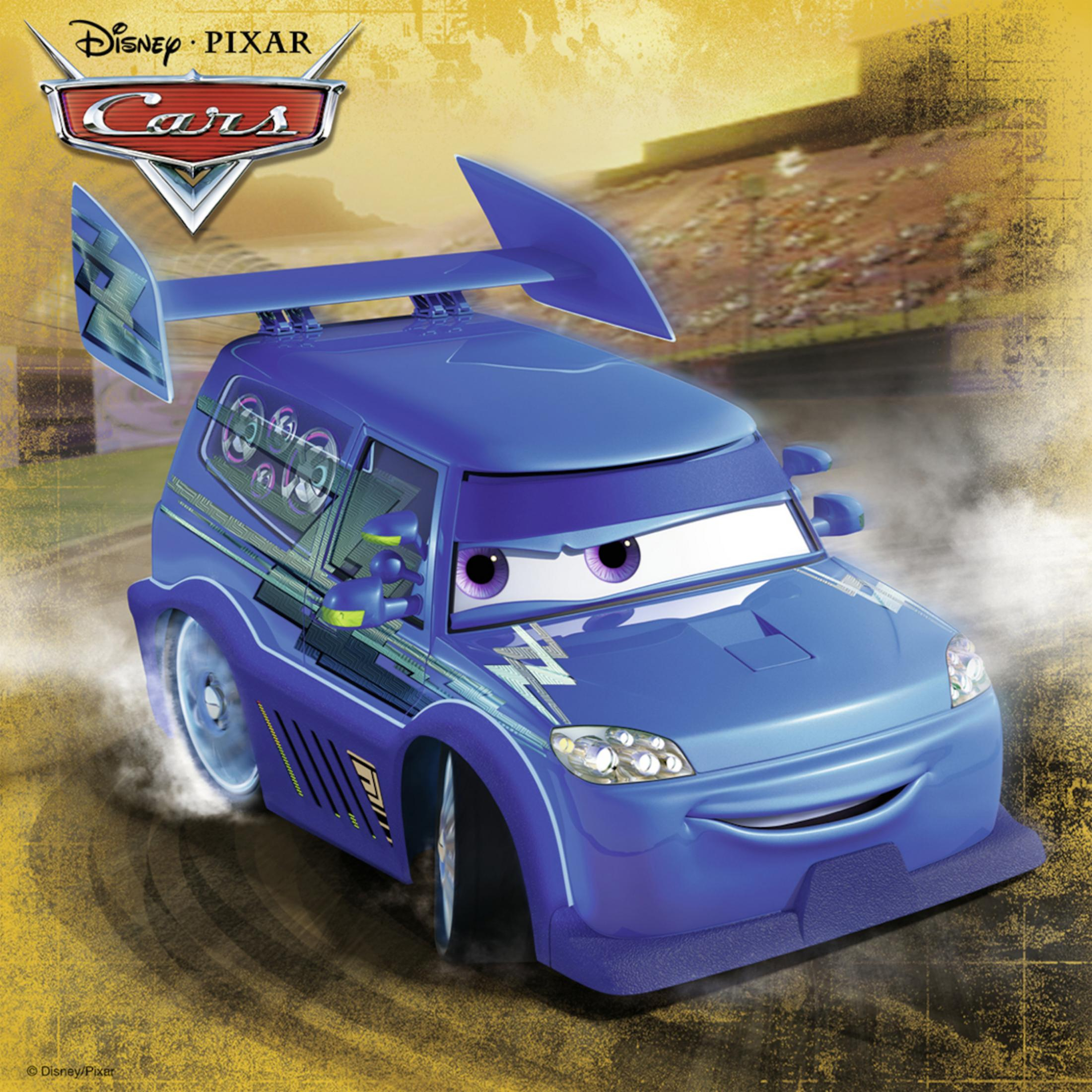 Blaues Auto mit Spoiler aus dem Film Cars. Das Auto ist auf einer Rennstrecke.