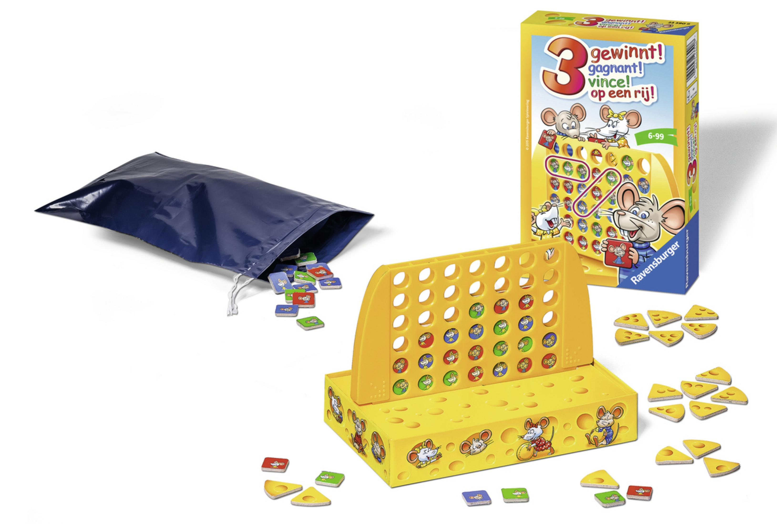 Ein Brettspiel mit einer Connect Four-ähnlichen Struktur, Spielsteinen und einem blauen Beutel.