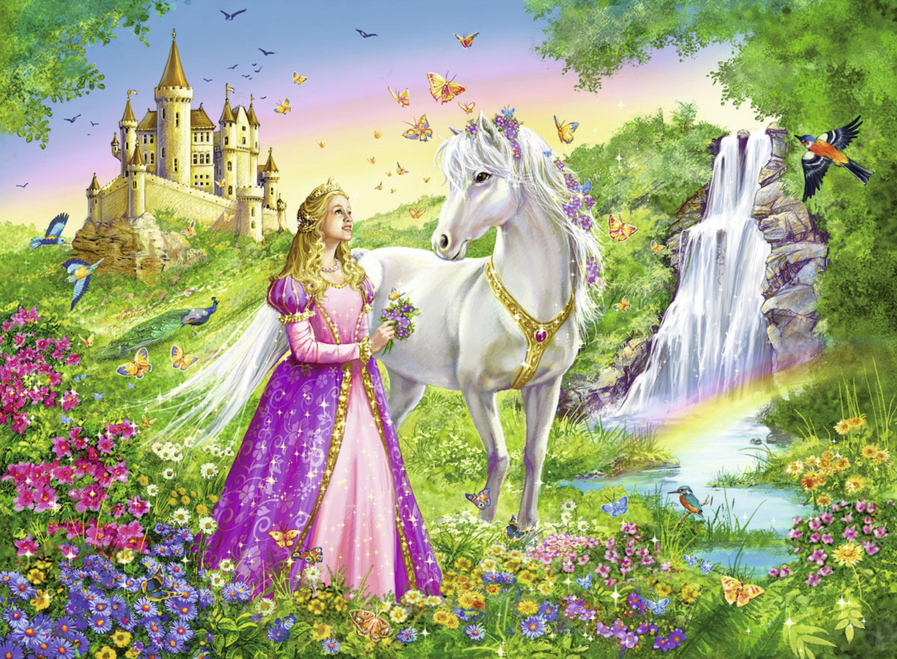 Eine Prinzessin mit einem Einhorn in einer lebendigen Märchenlandschaft mit Burg, Wasserfall und Schmetterlingen.