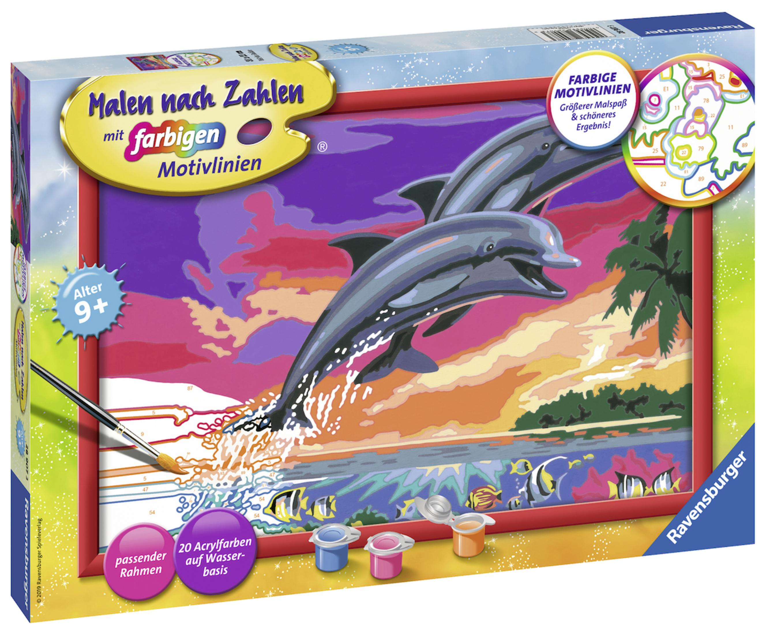 Malen-nach-Zahlen-Set mit springenden Delfinen vor einem Sonnenuntergang. Enthält Farbe und Pinsel.