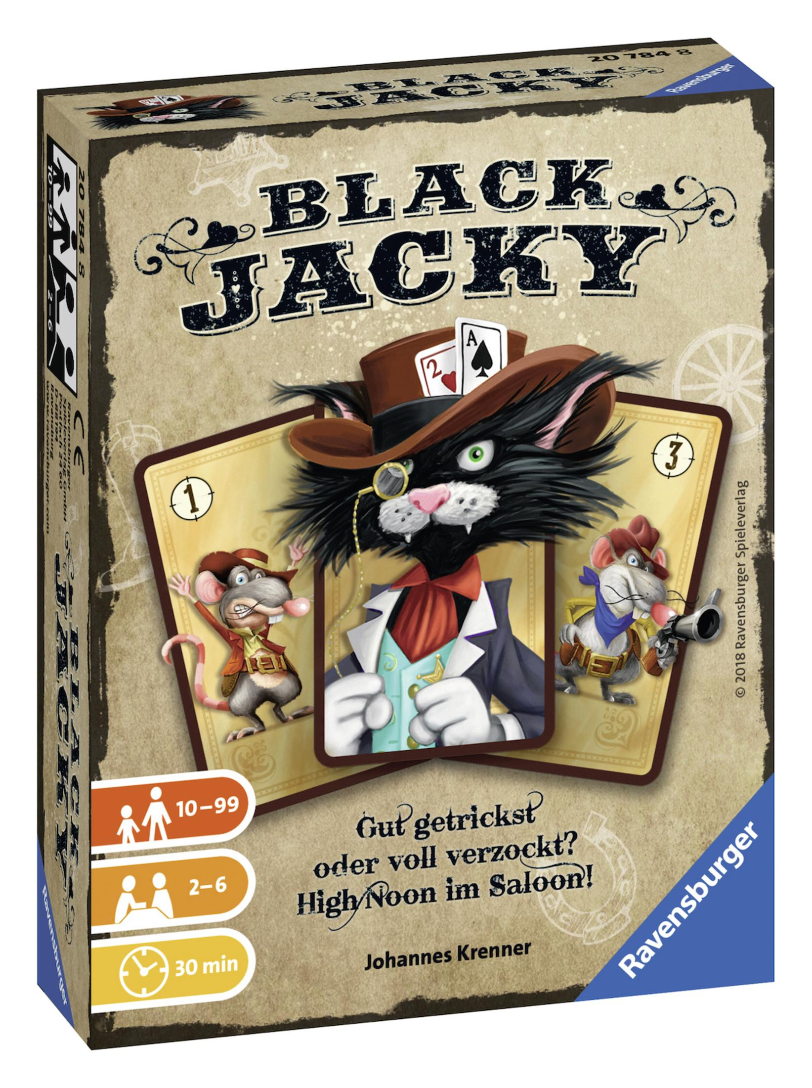 Eine Brettspielbox mit einer Katze, die einen Hut trägt und Spielkarten spielt.