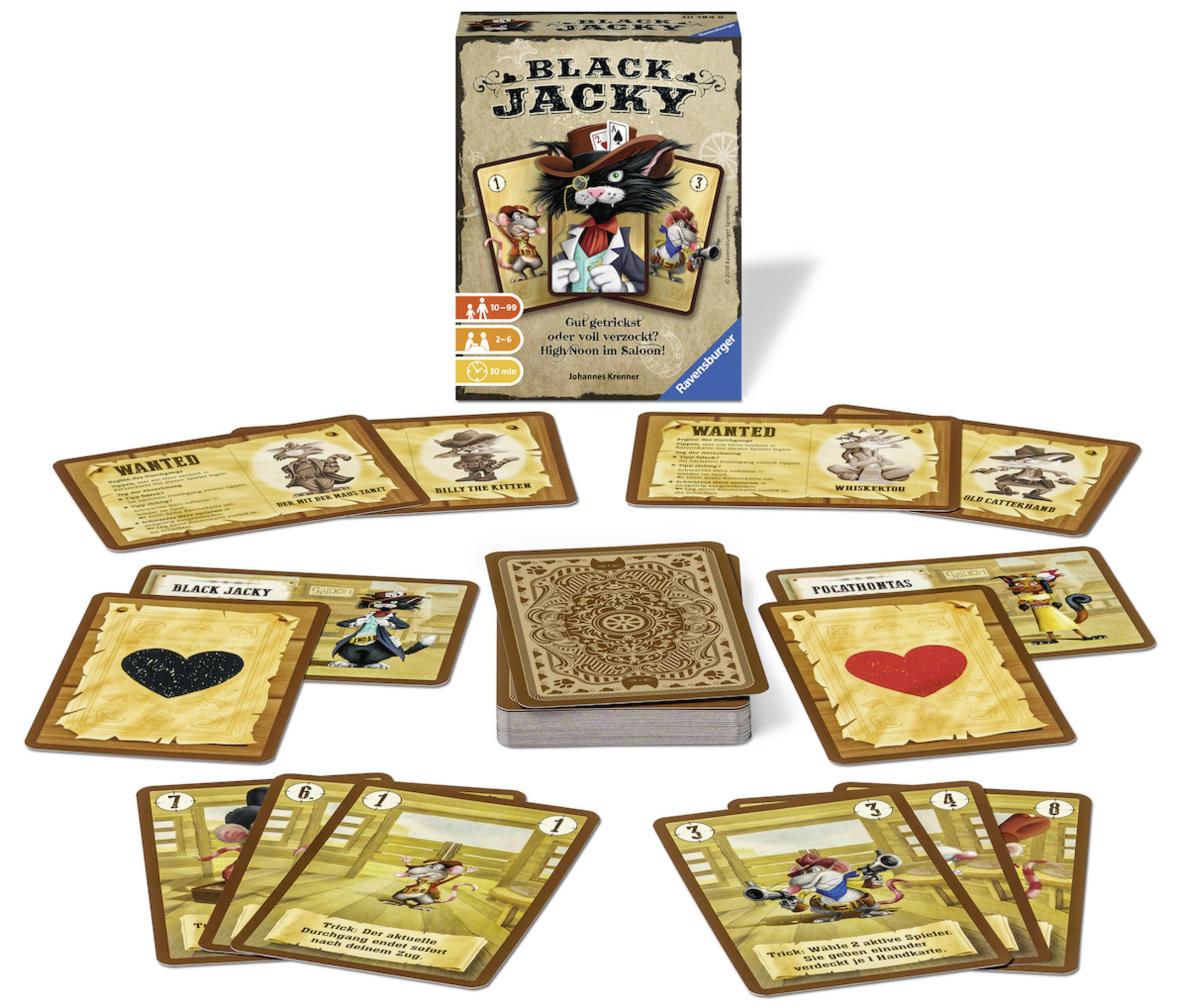 Black Jacky Kartenspielbox und Karten. Die Box zeigt eine Katze mit Karten. Karten sind verstreut.
