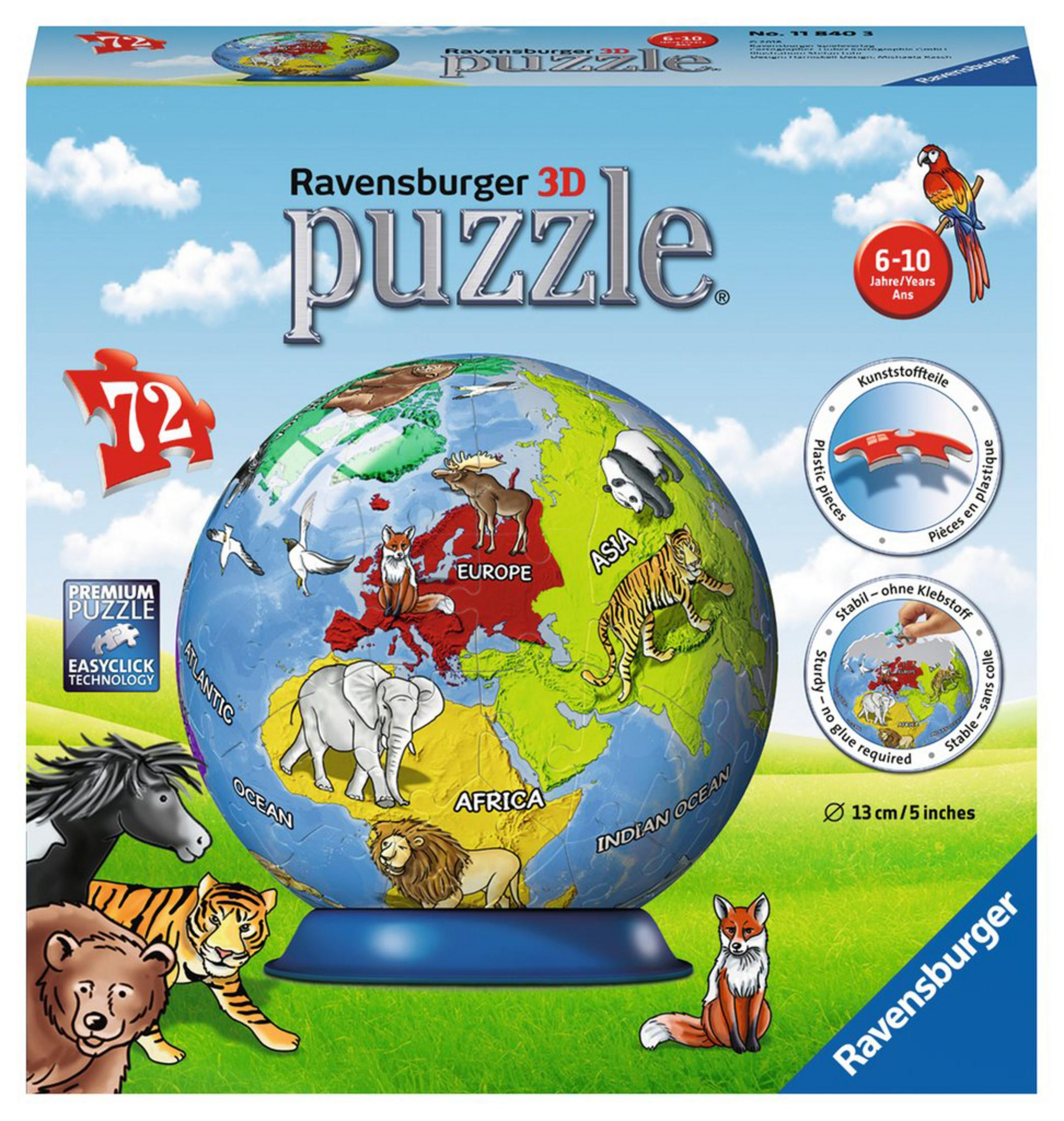 Pudełko z puzzlami 3D Ravensburger. Puzzle w kształcie kuli ziemskiej ze zwierzętami. Niebieskie tło, tekst i papuga.