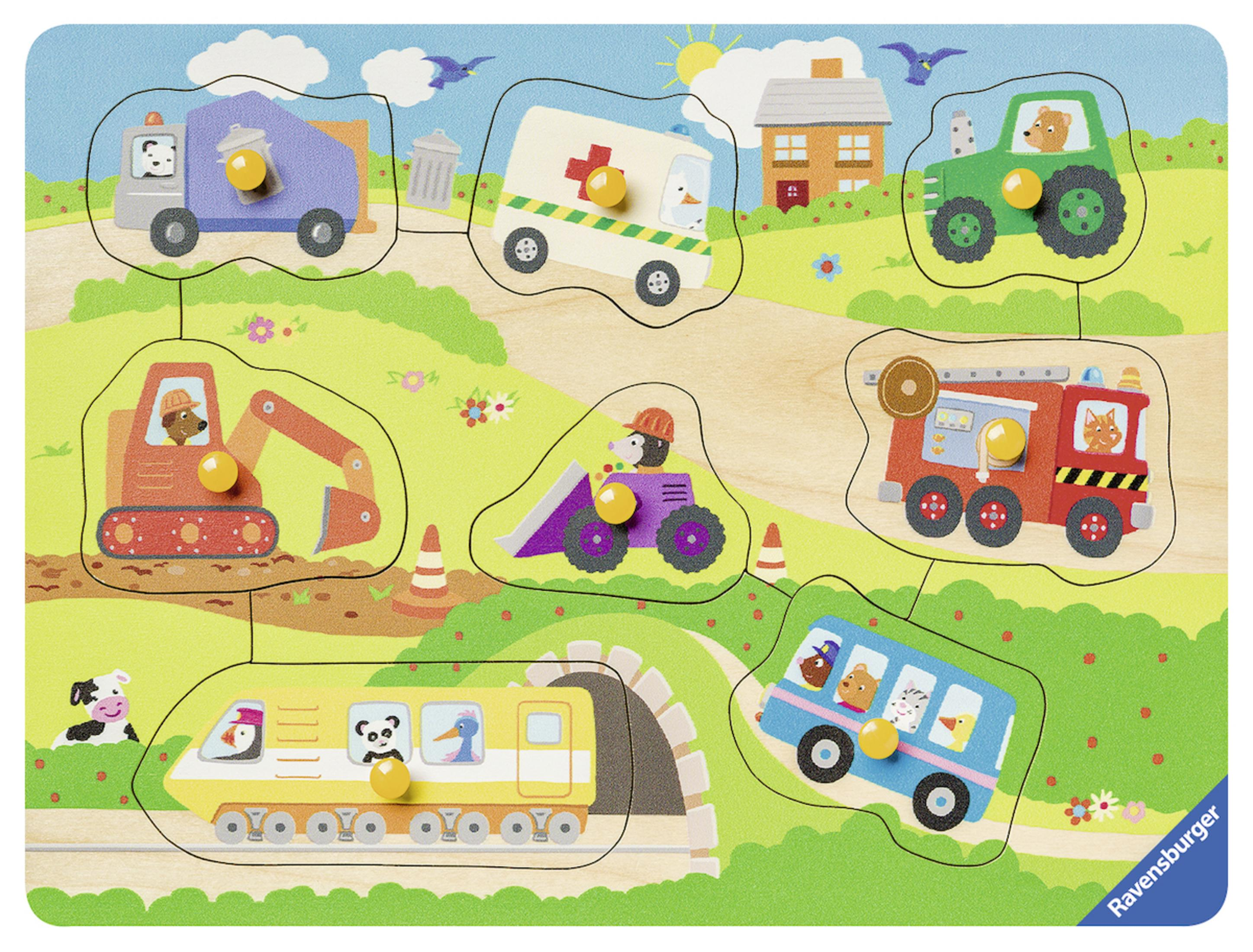 Holzpuzzle mit Cartoon-Fahrzeugen und Tieren. Enthält einen Zug, einen Krankenwagen und einen Feuerwehrwagen.