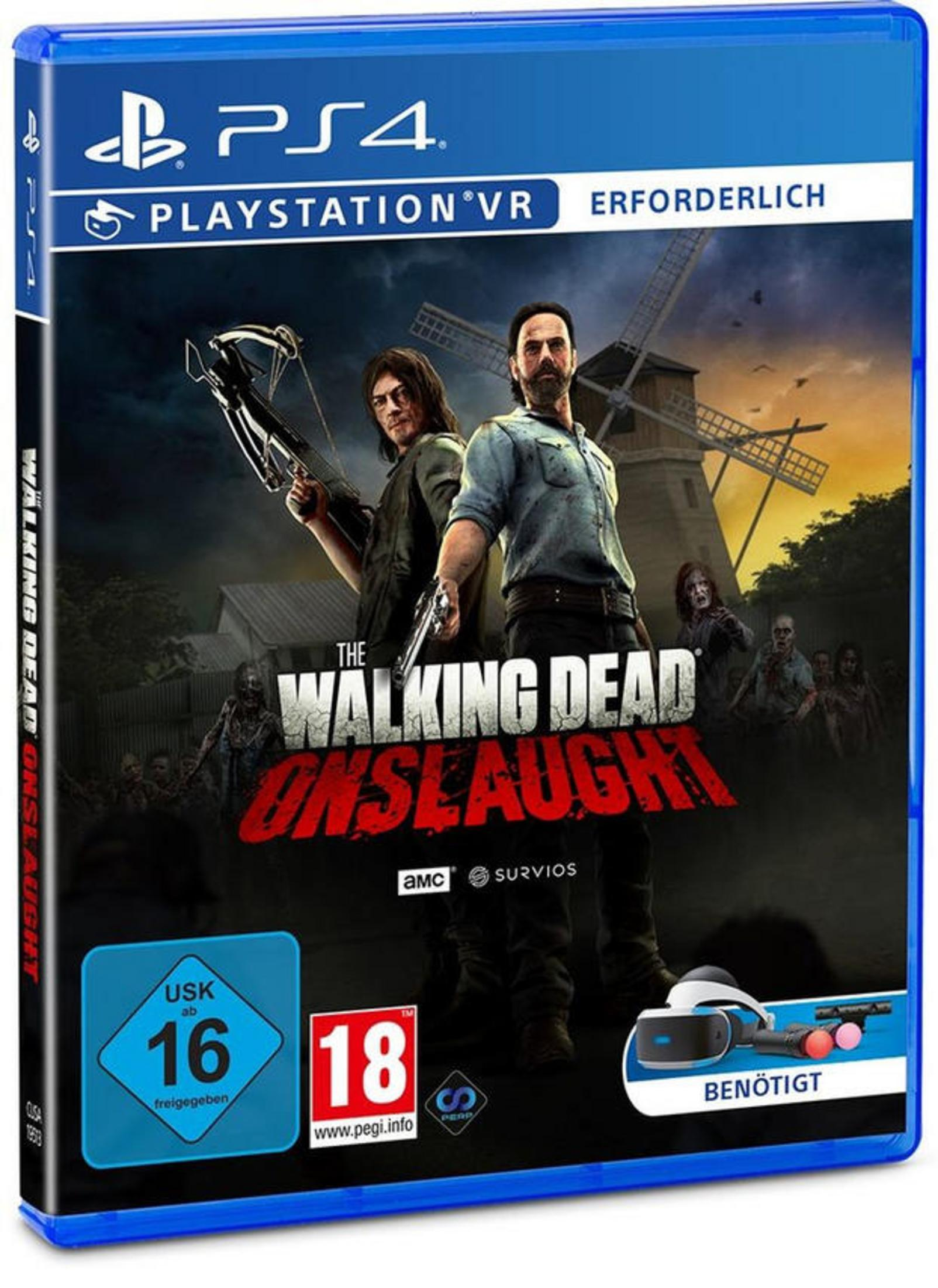 Scatola del videogioco per The Walking Dead: Onslaught su PS4. Due uomini con armi vicino a un mulino.
