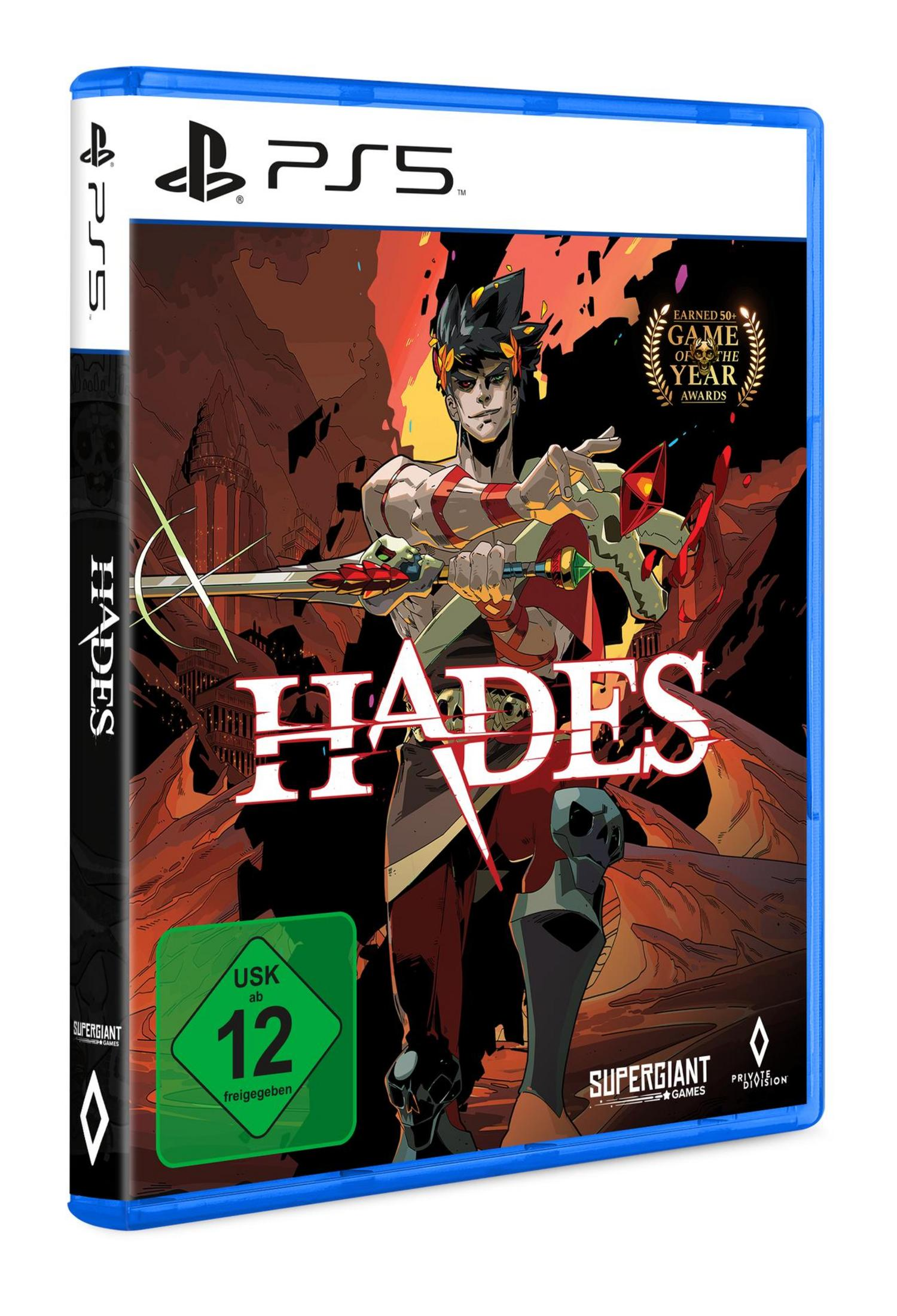 PS5-Spielbox. Das Cover zeigt eine Figur mit Waffen und dem Titel 'HADES'.